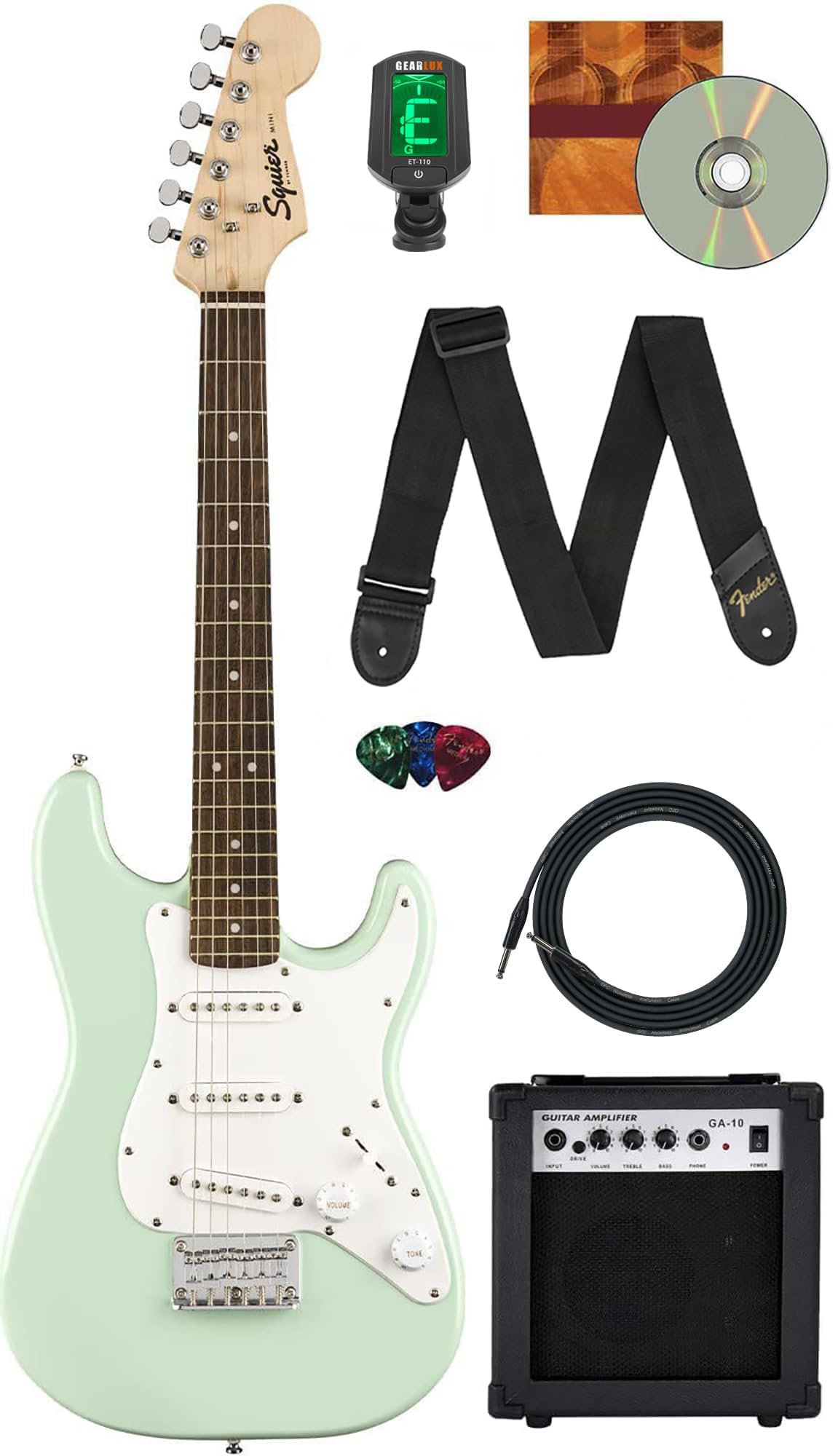 Squier Mini Strat 3/4-Size Surf Green Bundle – Amp, Lessons, and Accessories