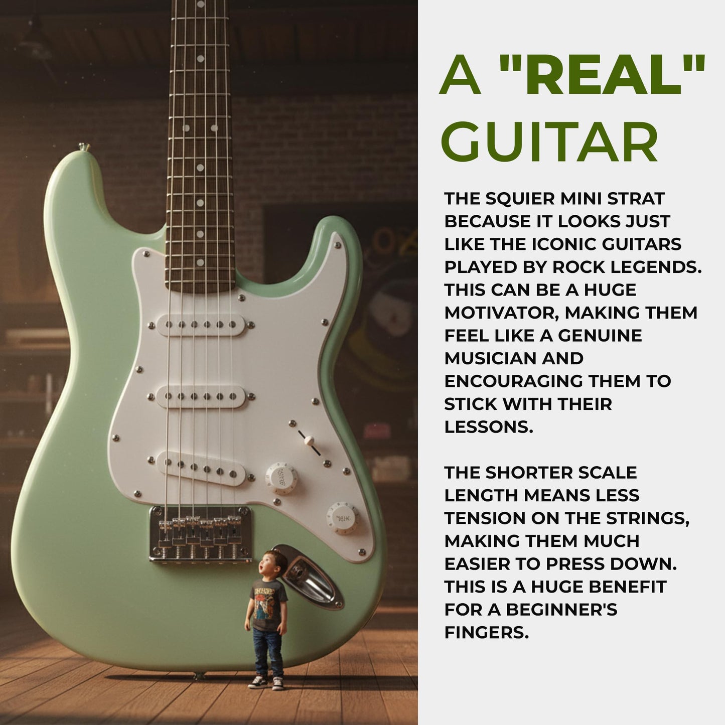 Squier Mini Strat 3/4-Size Surf Green Bundle – Amp, Lessons, and Accessories