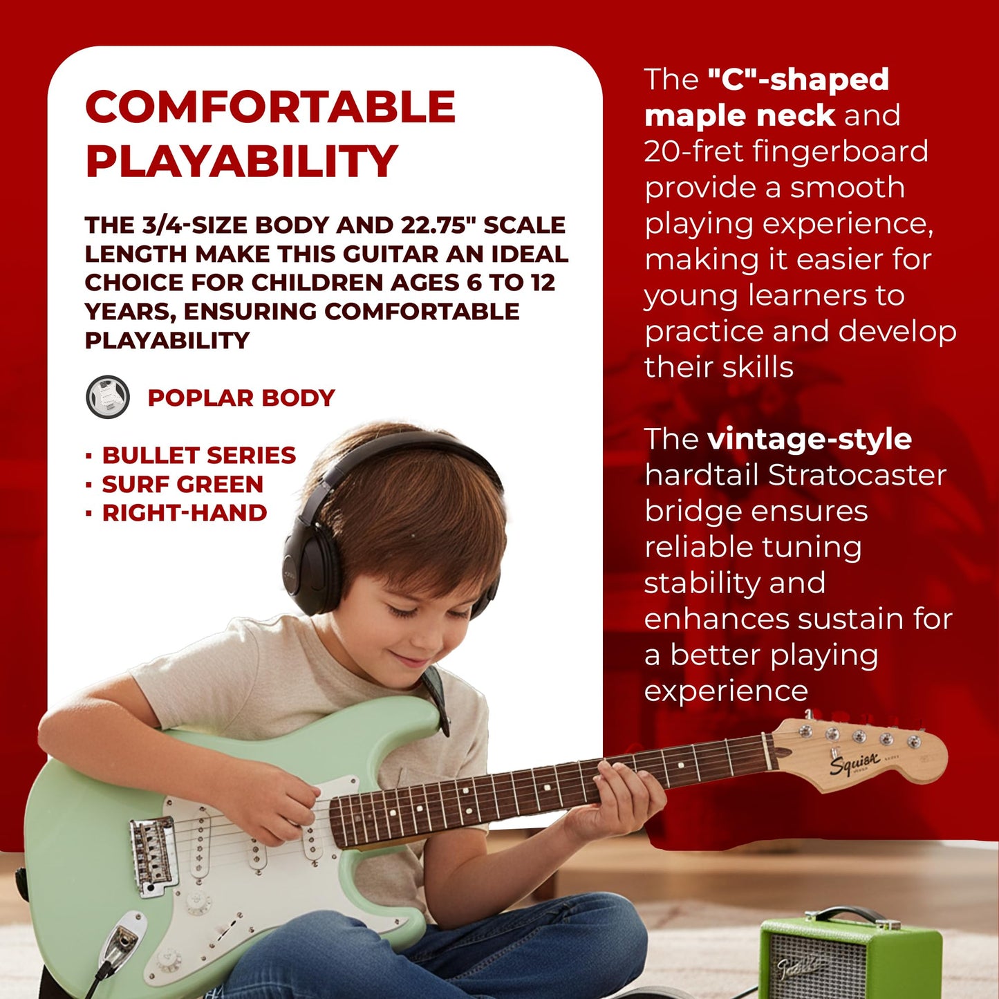 Squier Mini Strat 3/4-Size Surf Green Bundle – Amp, Lessons, and Accessories