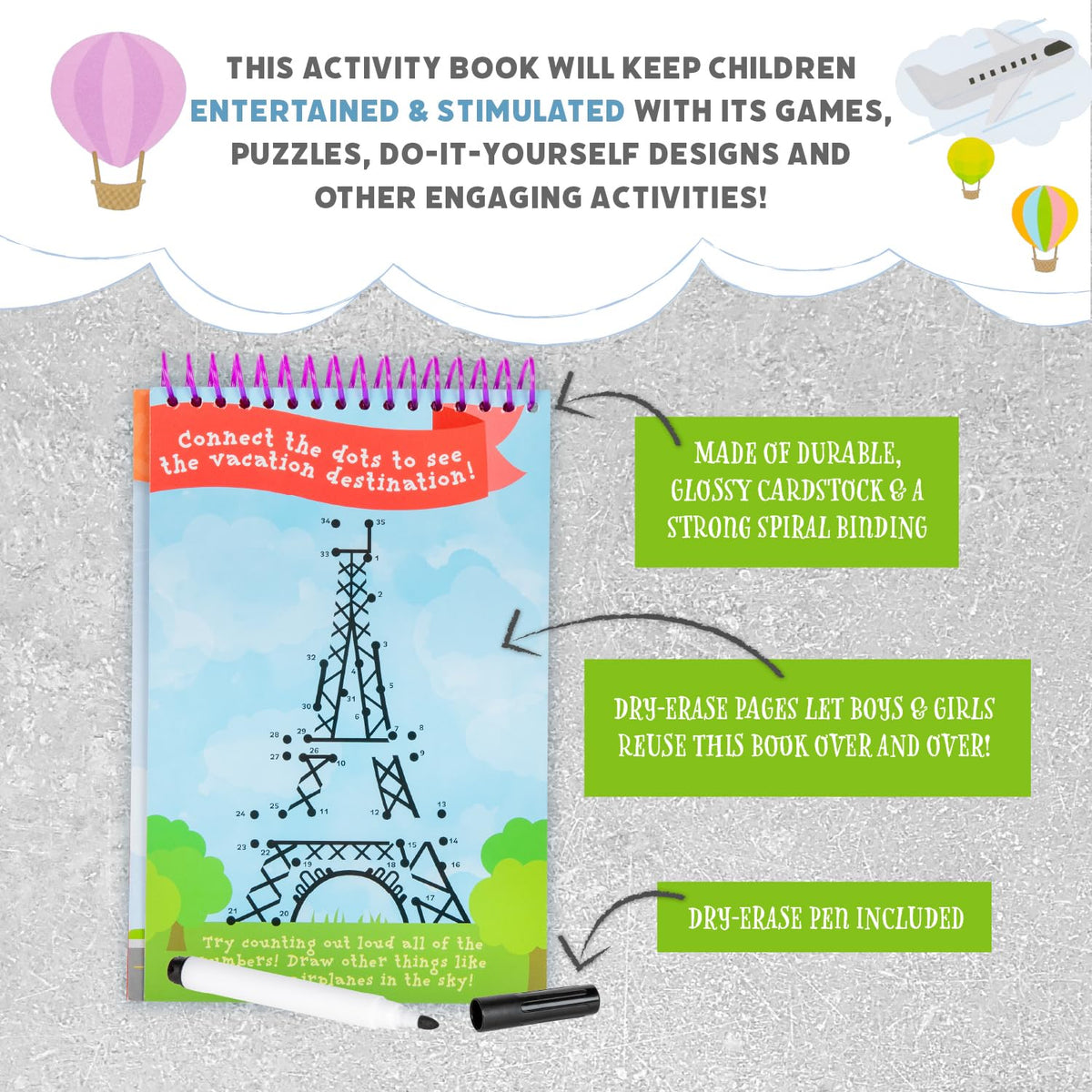 Mom, I'm Bored Travel Activity Book by Squirrel Products – Screen-Free Dry-Erase Fun