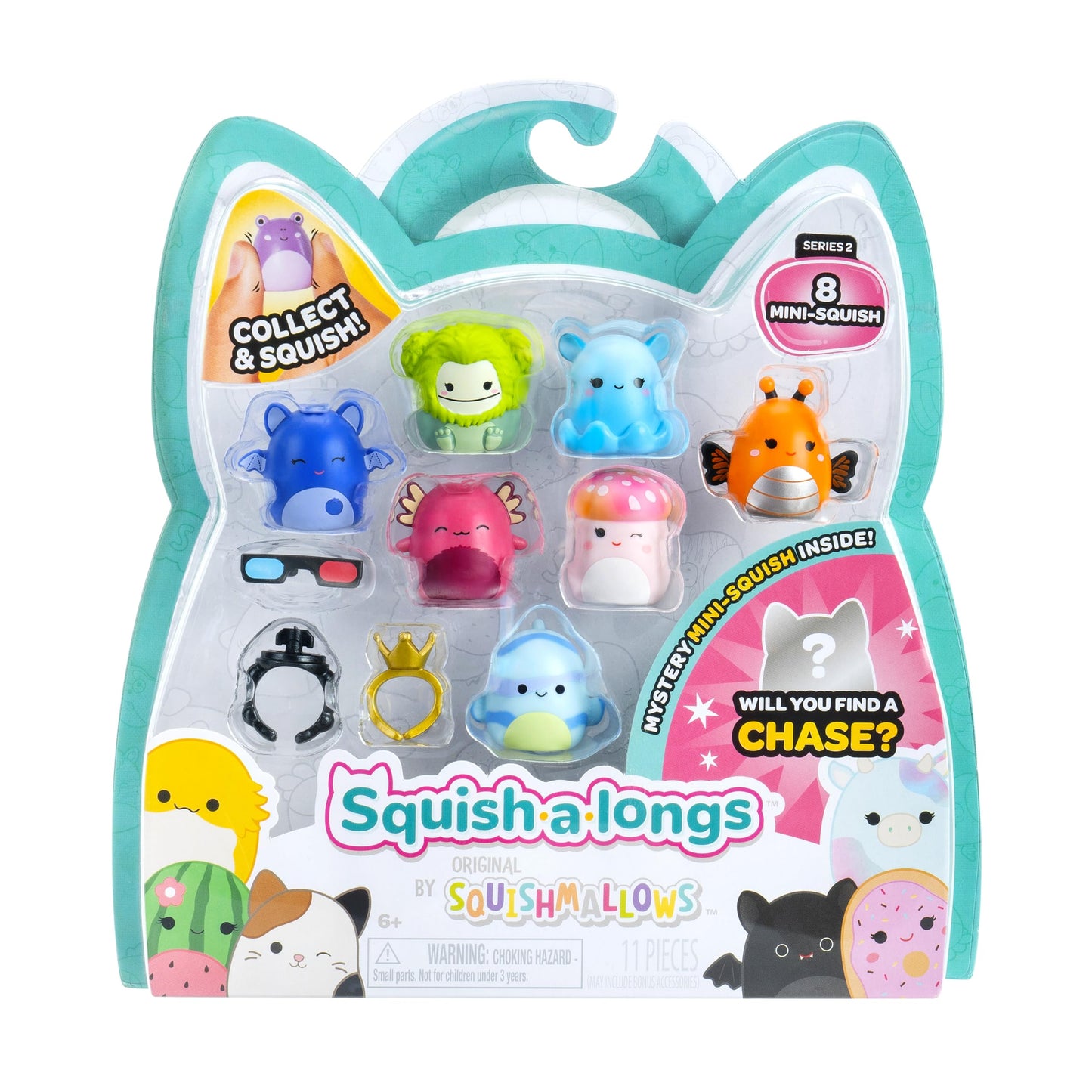 Squish-a-longs 8 Pack (Style 2-W2) – 8 Mini-Squish, Accessories, Ring & Collector’s Guide