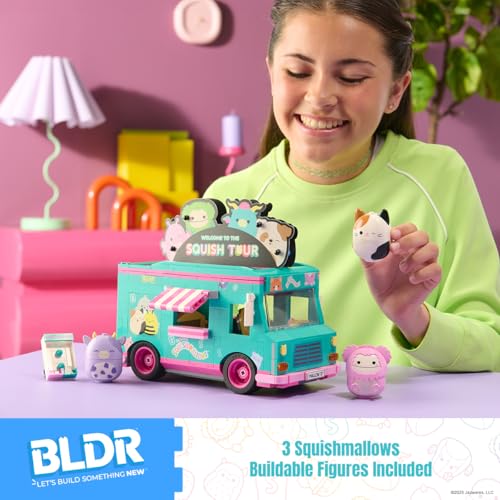 BLDR Squish Tour Van Building Set – Cam the Cat, Bubba & Brina | Squishmallows Fans 8+