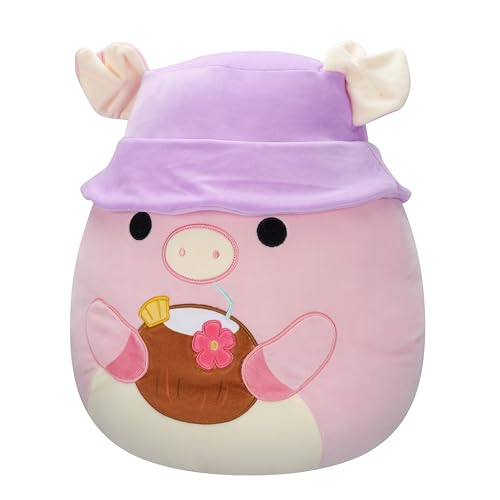 Squishmallows Peter Pig 16in Plush with Tropical Drink and Bucket Hat – Official Jazwares