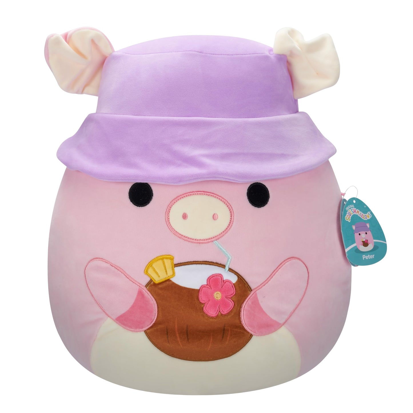 Squishmallows Peter Pig 16in Plush with Tropical Drink and Bucket Hat – Official Jazwares