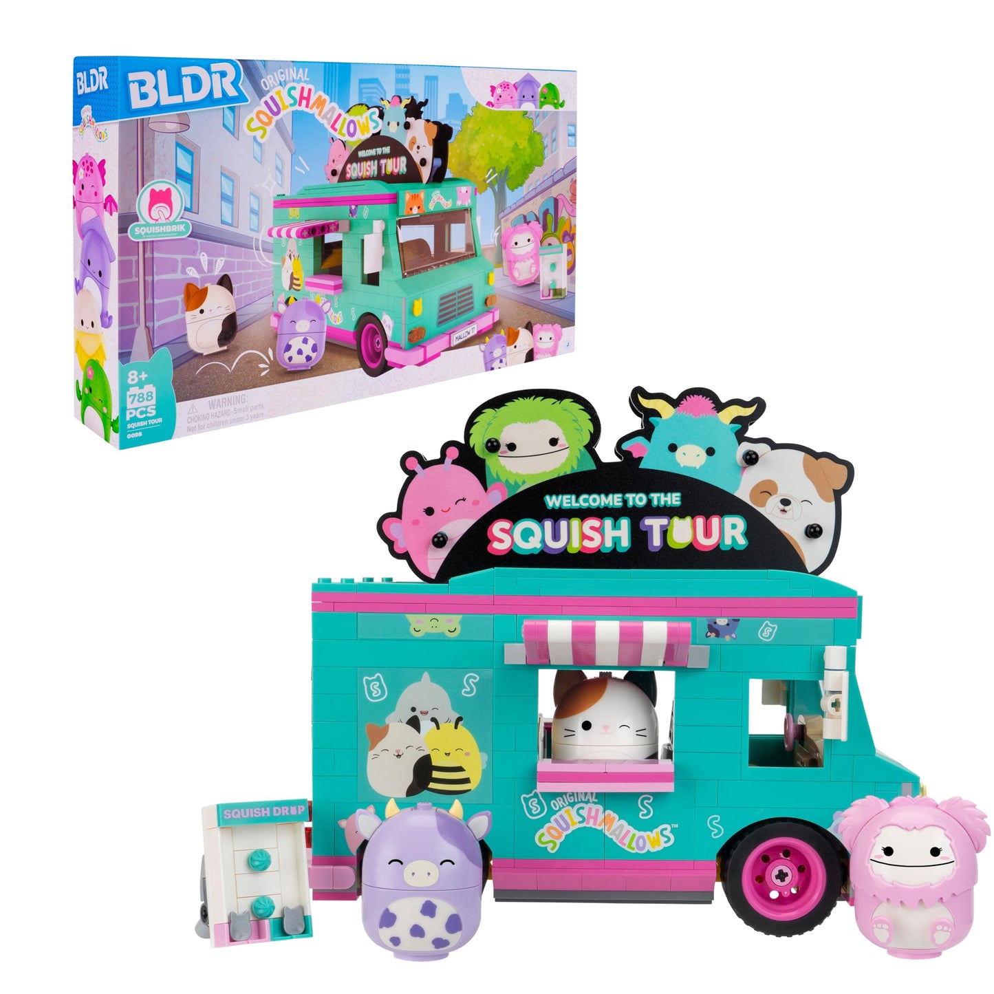 BLDR Squish Tour Van Building Set – Cam the Cat, Bubba & Brina | Squishmallows Fans 8+