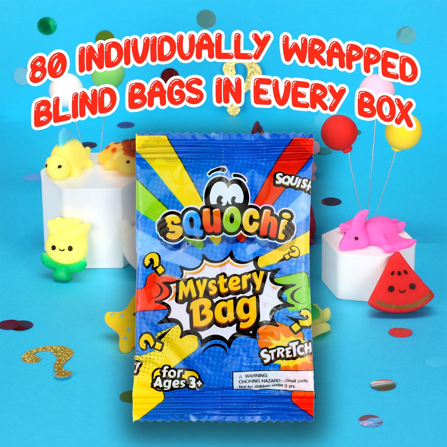 Squochi Mystery Pack Mochi Squishies – 80pcs Bulk Blind Bags, Interactive Box & Tote