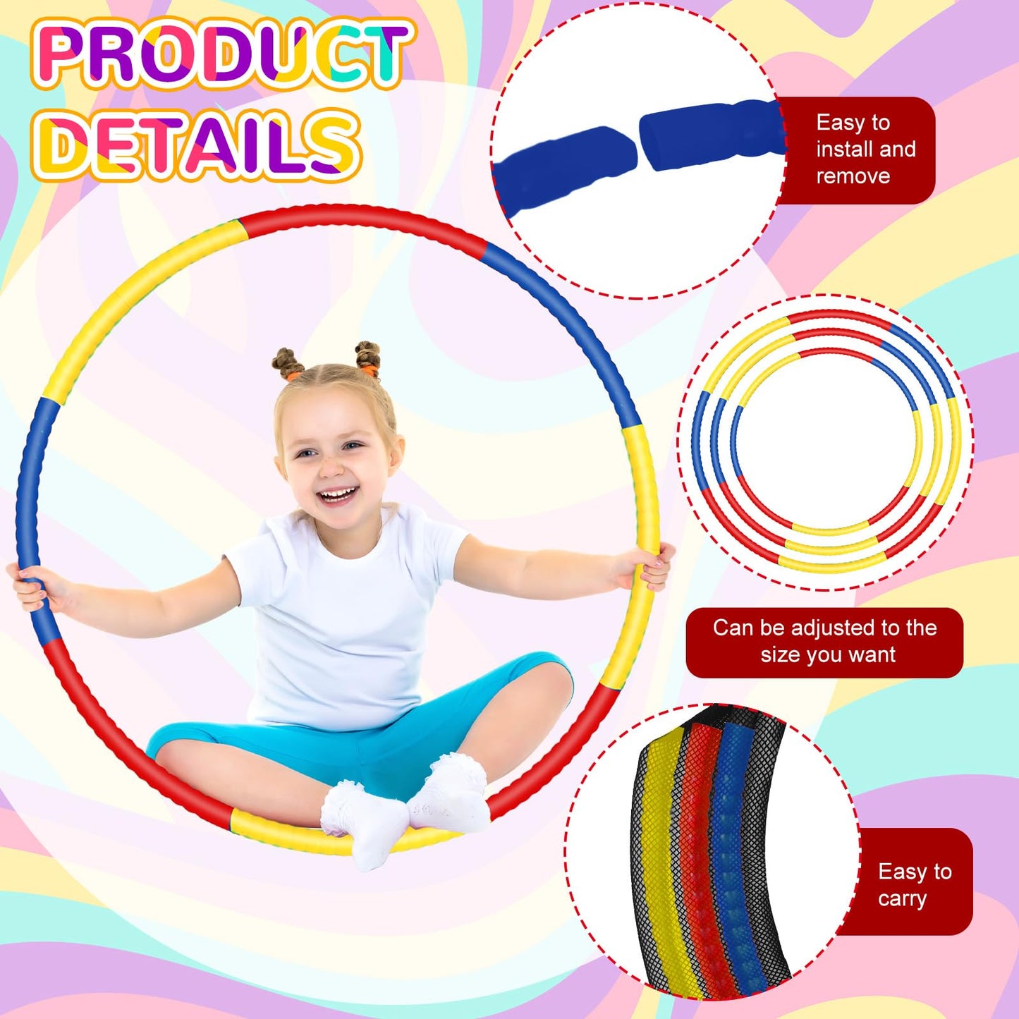 Sratte 12 Pcs Adjustable Detachable Hoop Ring – 28in Red Blue Yellow