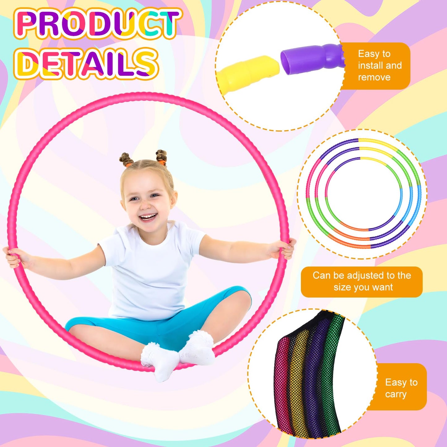 Sratte 12 Pcs Toy Hoop Set - Detachable & Adjustable 32 Inch Colorful Hoops