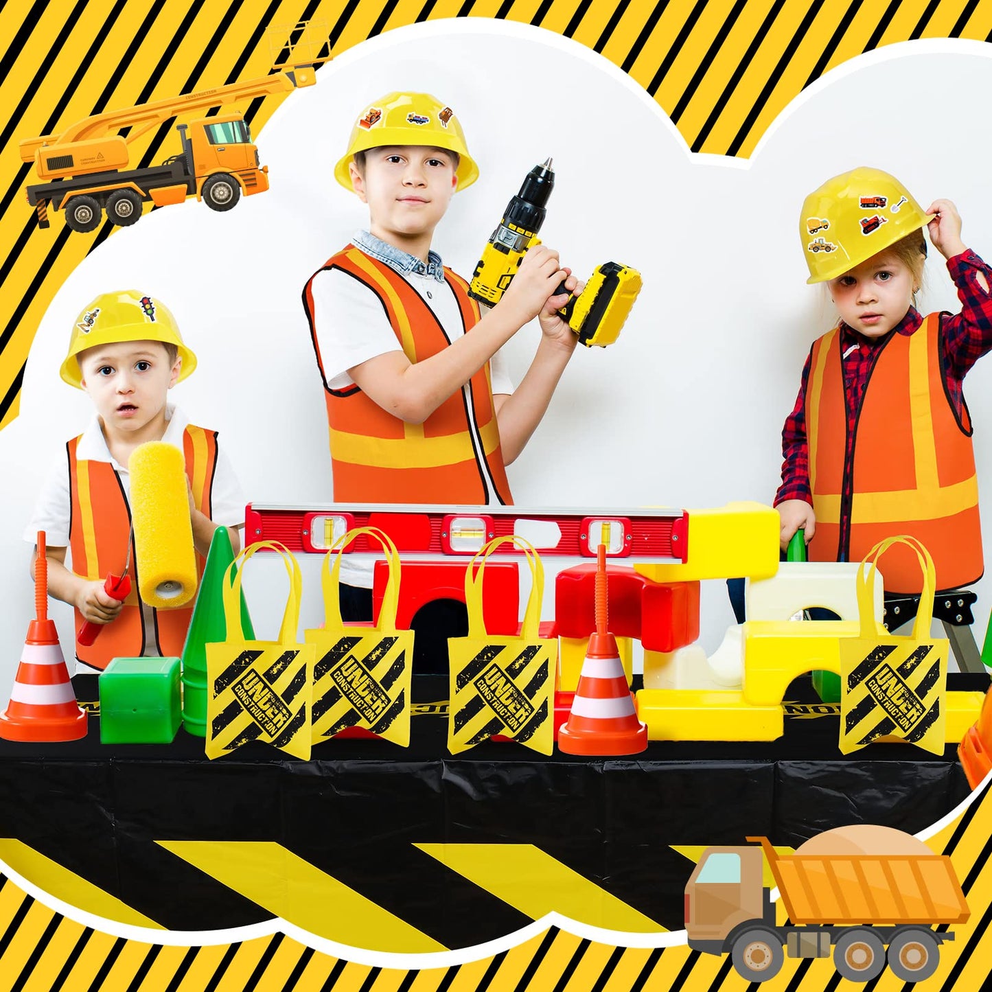 Sratte 62-pcs Construction Birthday Party Supplies Set for Kids – Dress Up Kit