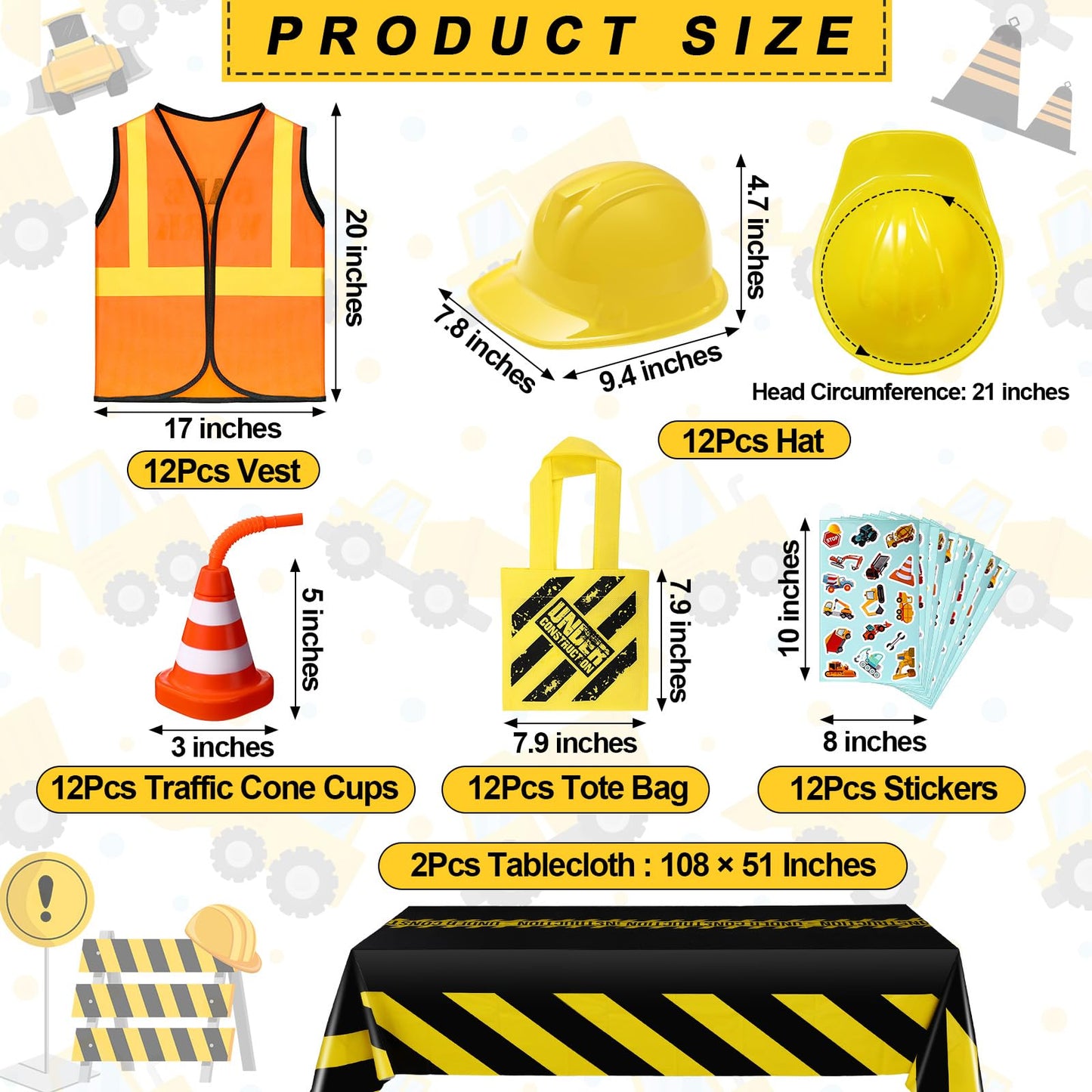 Sratte 62-pcs Construction Birthday Party Supplies Set for Kids – Dress Up Kit