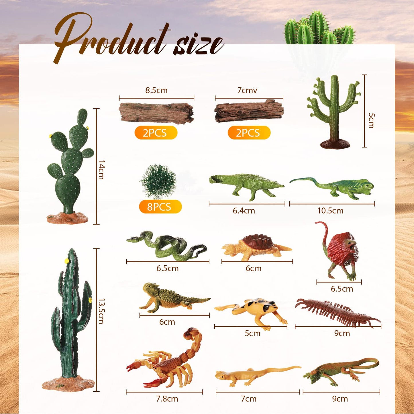 Sratte 26 Pcs Desert Animals Diorama Kit – Reptiles Toys, Cactus Models, and Desert Diorama Supplies