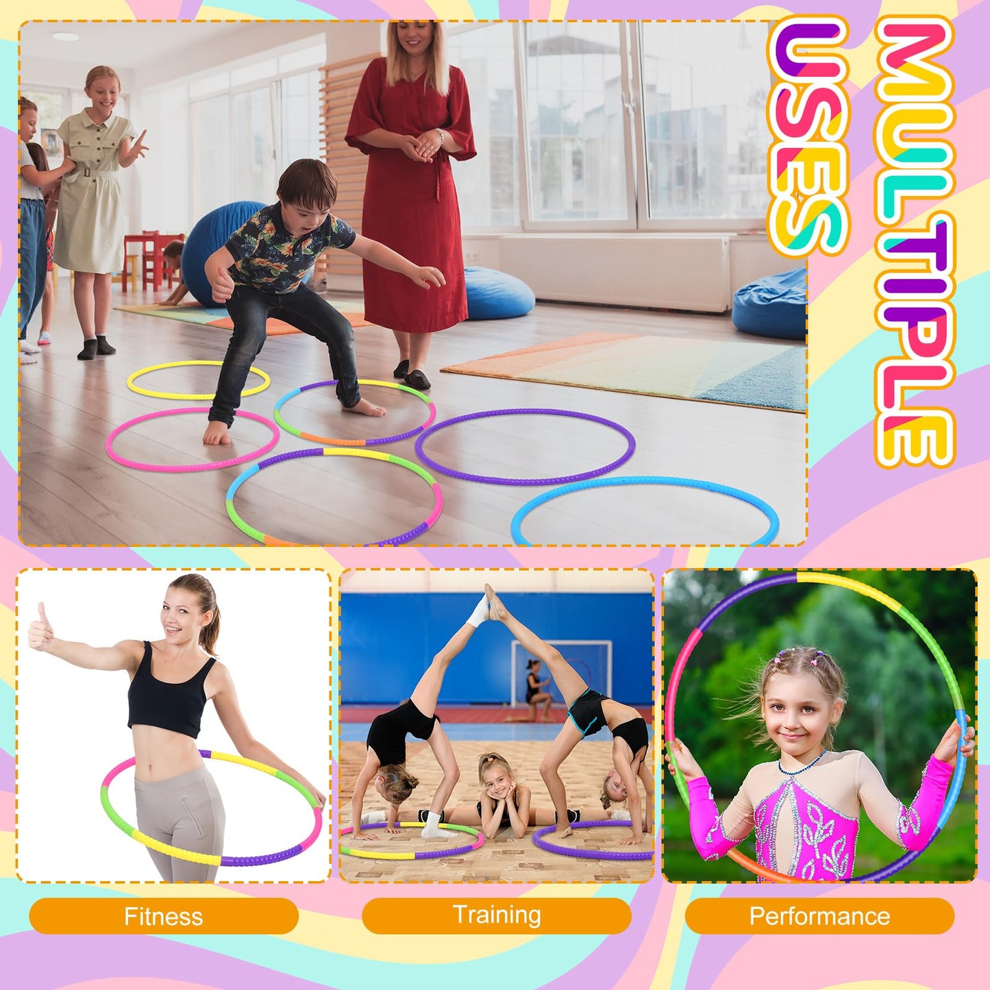 Sratte 12 Pcs Toy Hoop Set - Detachable & Adjustable 32 Inch Colorful Hoops