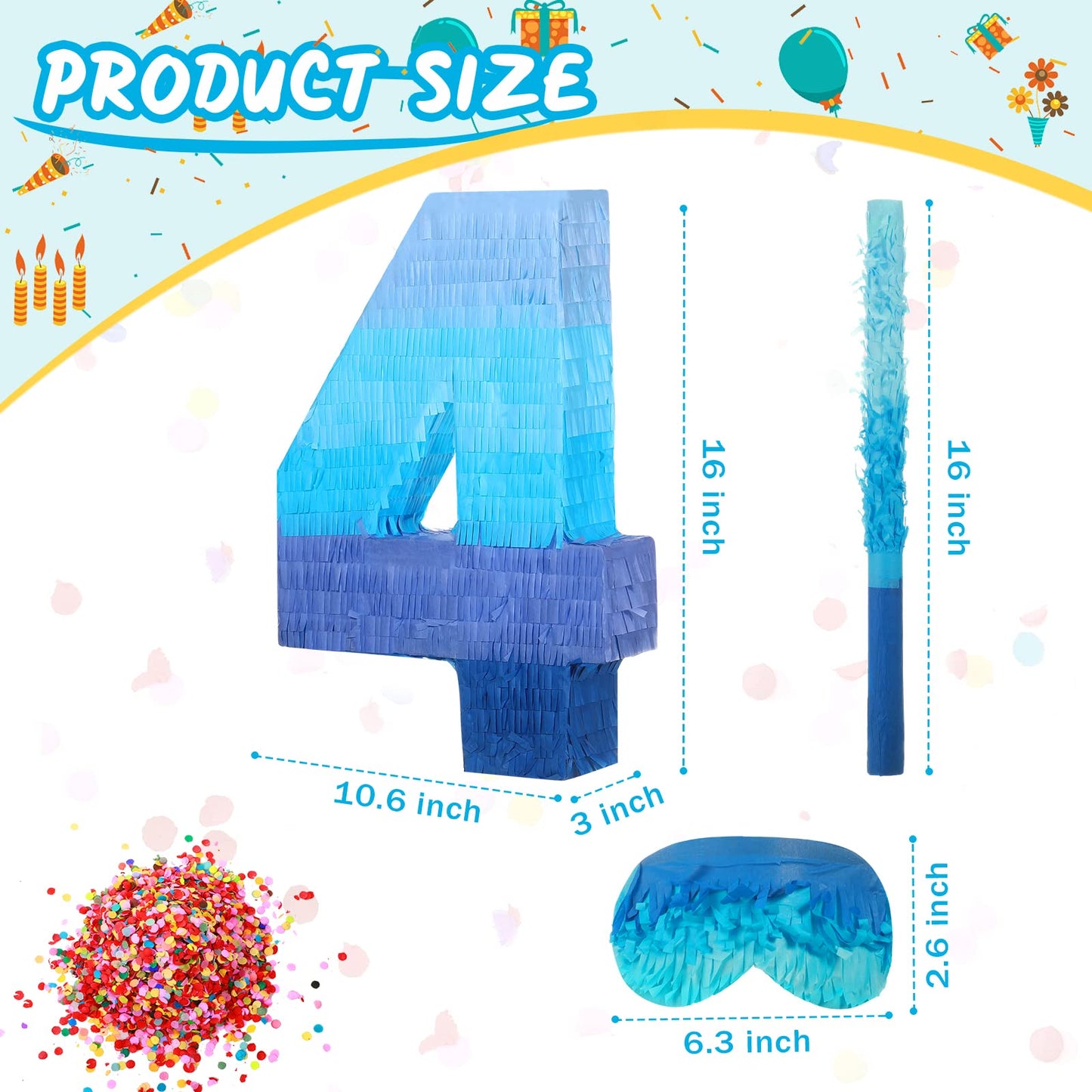 Sratte Gradient Blue Pinata Number 4 – Party Piñata with Blindfold & Stick