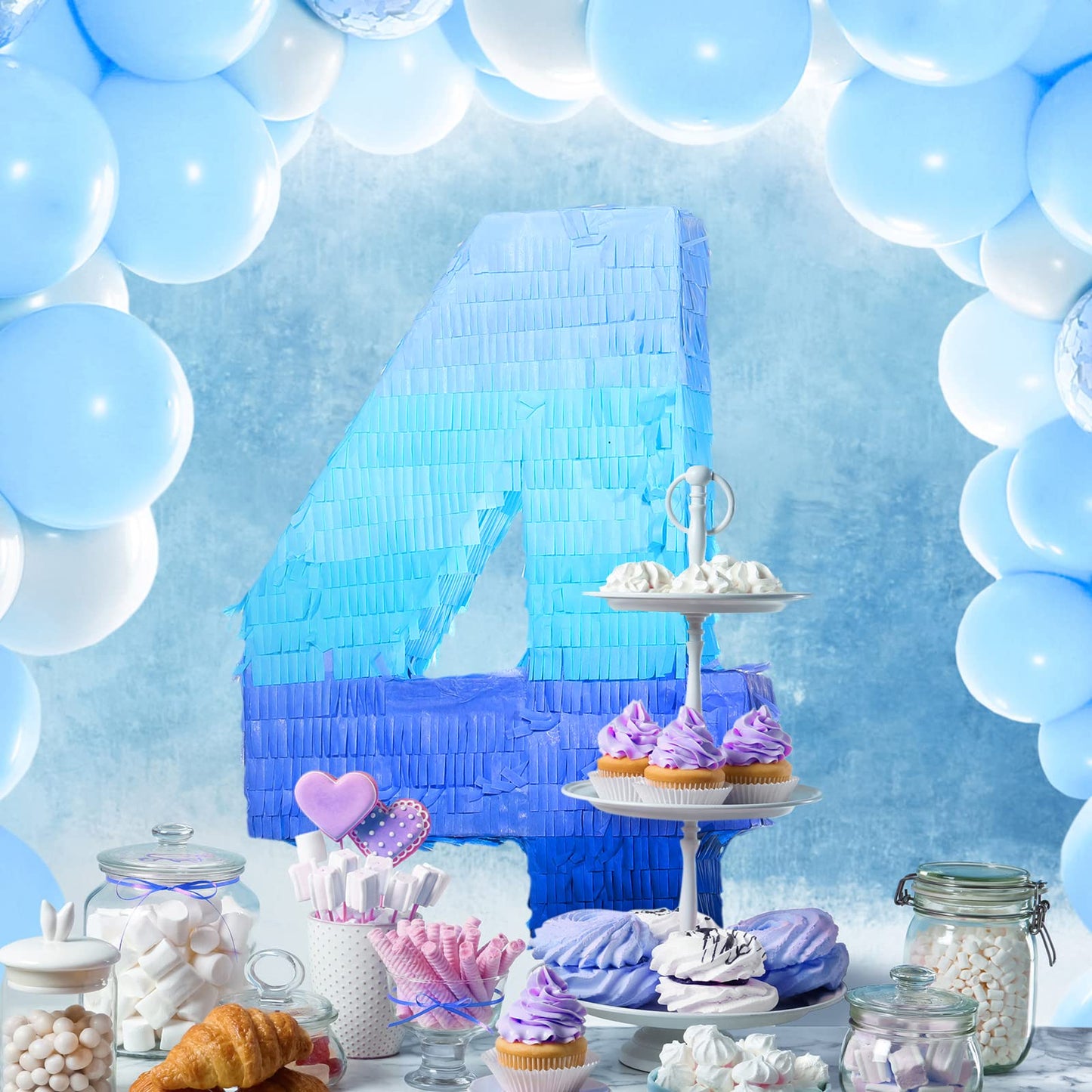 Sratte Gradient Blue Pinata Number 4 – Party Piñata with Blindfold & Stick