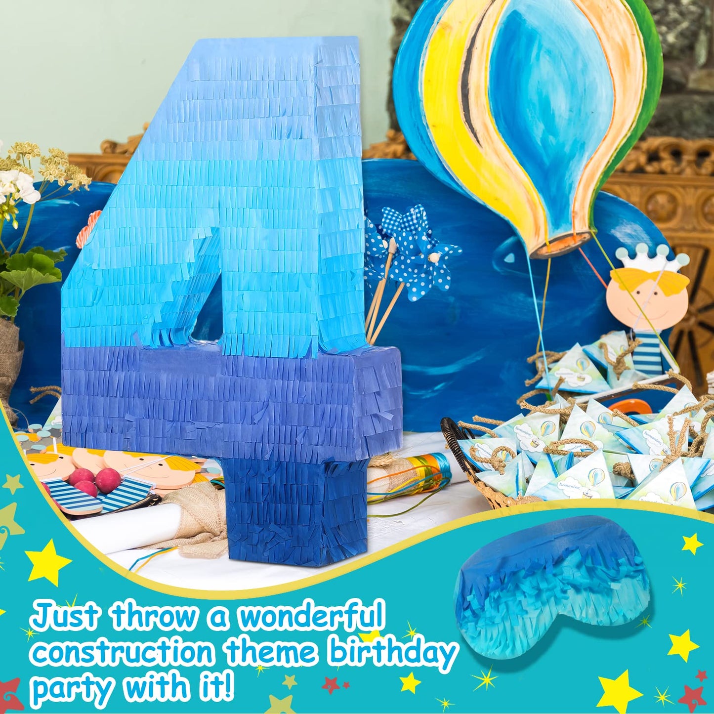 Sratte Gradient Blue Pinata Number 4 – Party Piñata with Blindfold & Stick