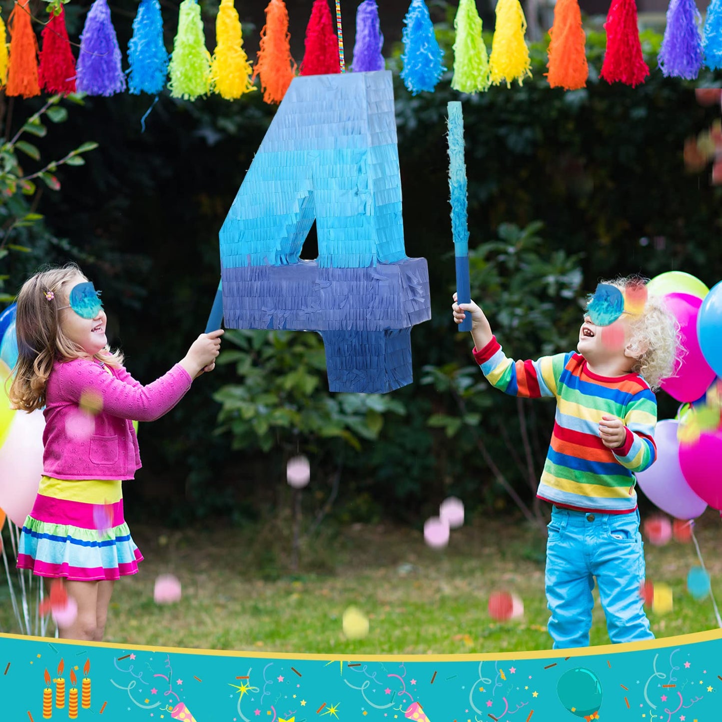 Sratte Gradient Blue Pinata Number 4 – Party Piñata with Blindfold & Stick