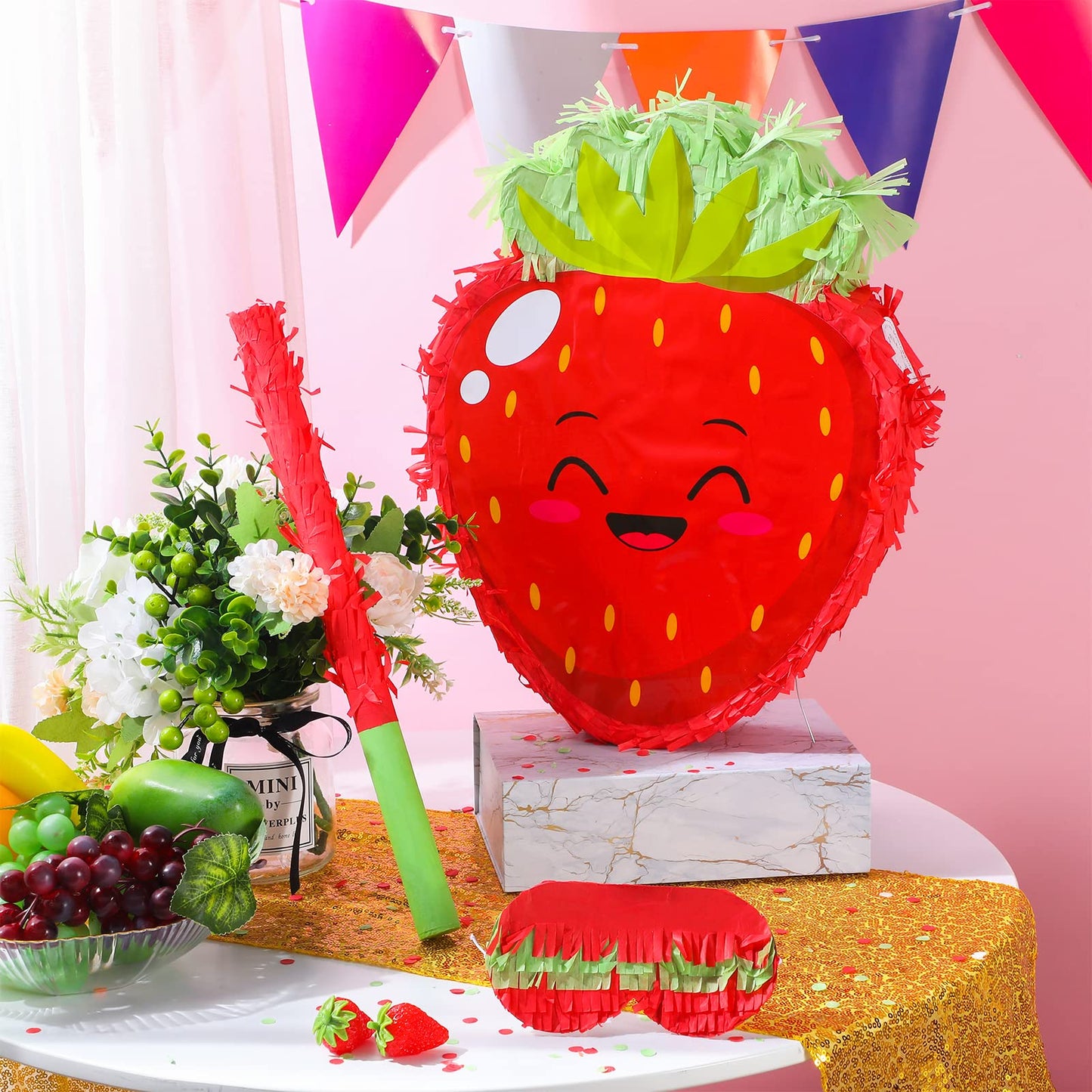 Sratte Strawberry Piñata – Fun Summer Fruit Theme Party Game with Stick, Blindfold & Confetti