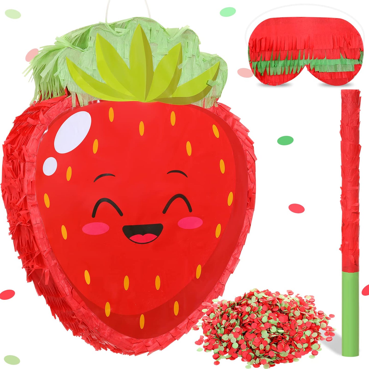 Sratte Strawberry Piñata – Fun Summer Fruit Theme Party Game with Stick, Blindfold & Confetti