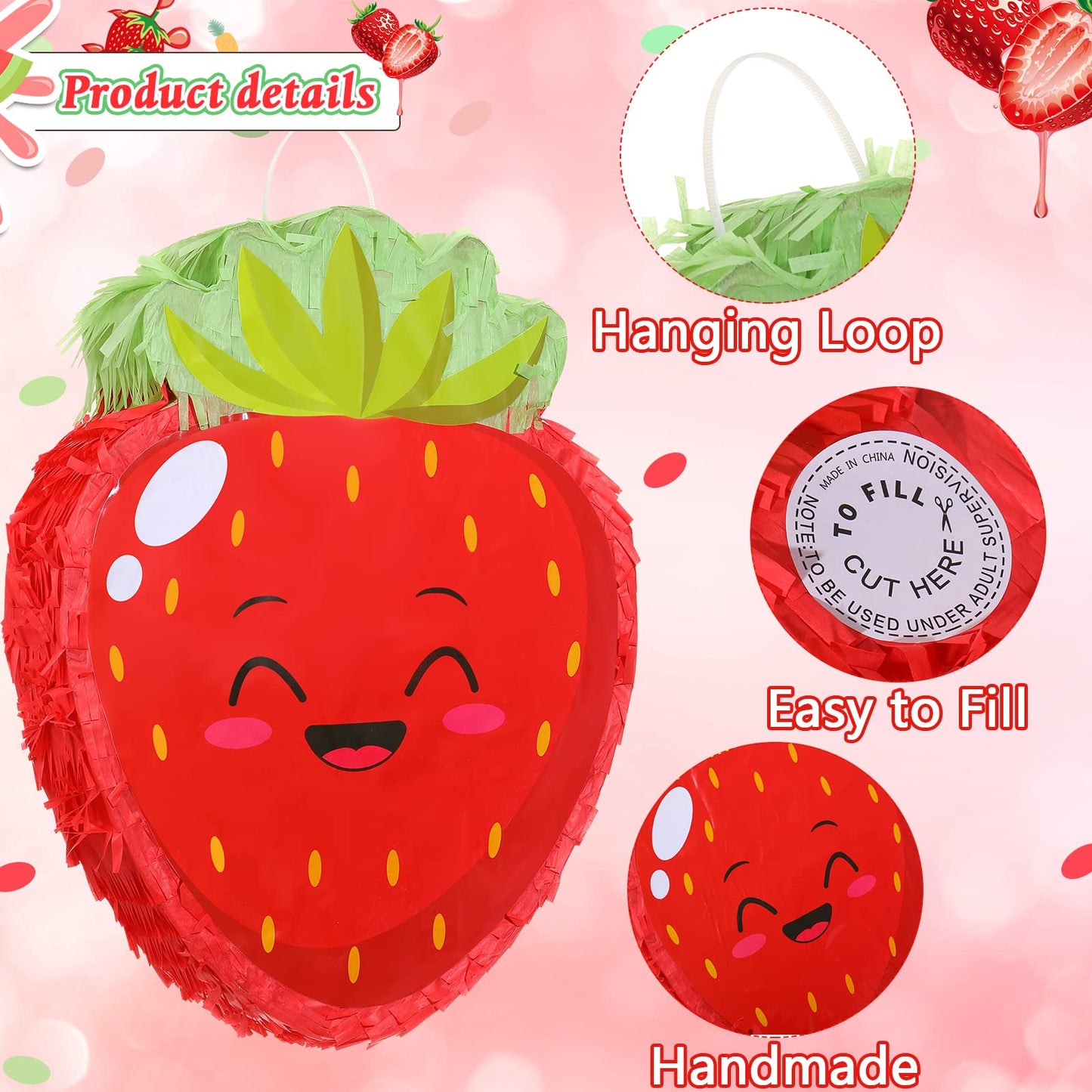 Sratte Strawberry Piñata – Fun Summer Fruit Theme Party Game with Stick, Blindfold & Confetti