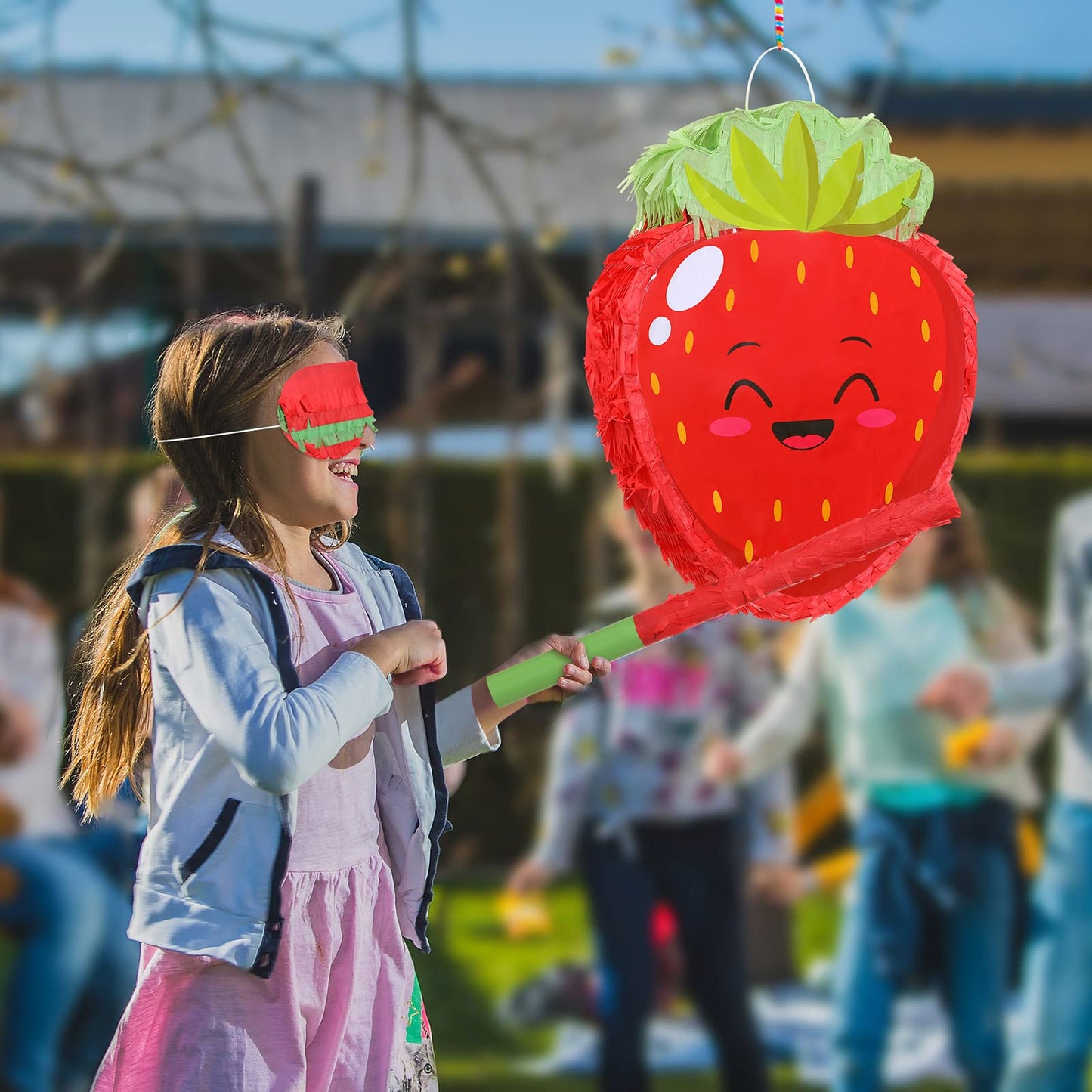 Sratte Strawberry Piñata – Fun Summer Fruit Theme Party Game with Stick, Blindfold & Confetti