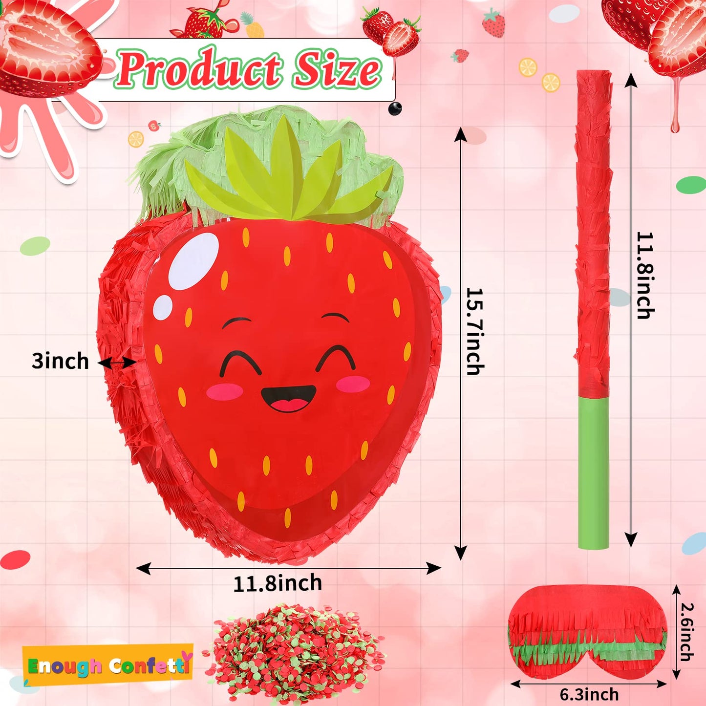 Sratte Strawberry Piñata – Fun Summer Fruit Theme Party Game with Stick, Blindfold & Confetti