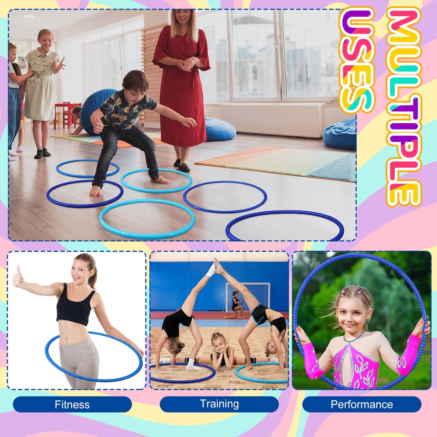 Sratte 12 Pcs Toy Hoop for Kids – Detachable, Adjustable 28-Inch Blue Series, Self-Assembly Gymnastics Ring