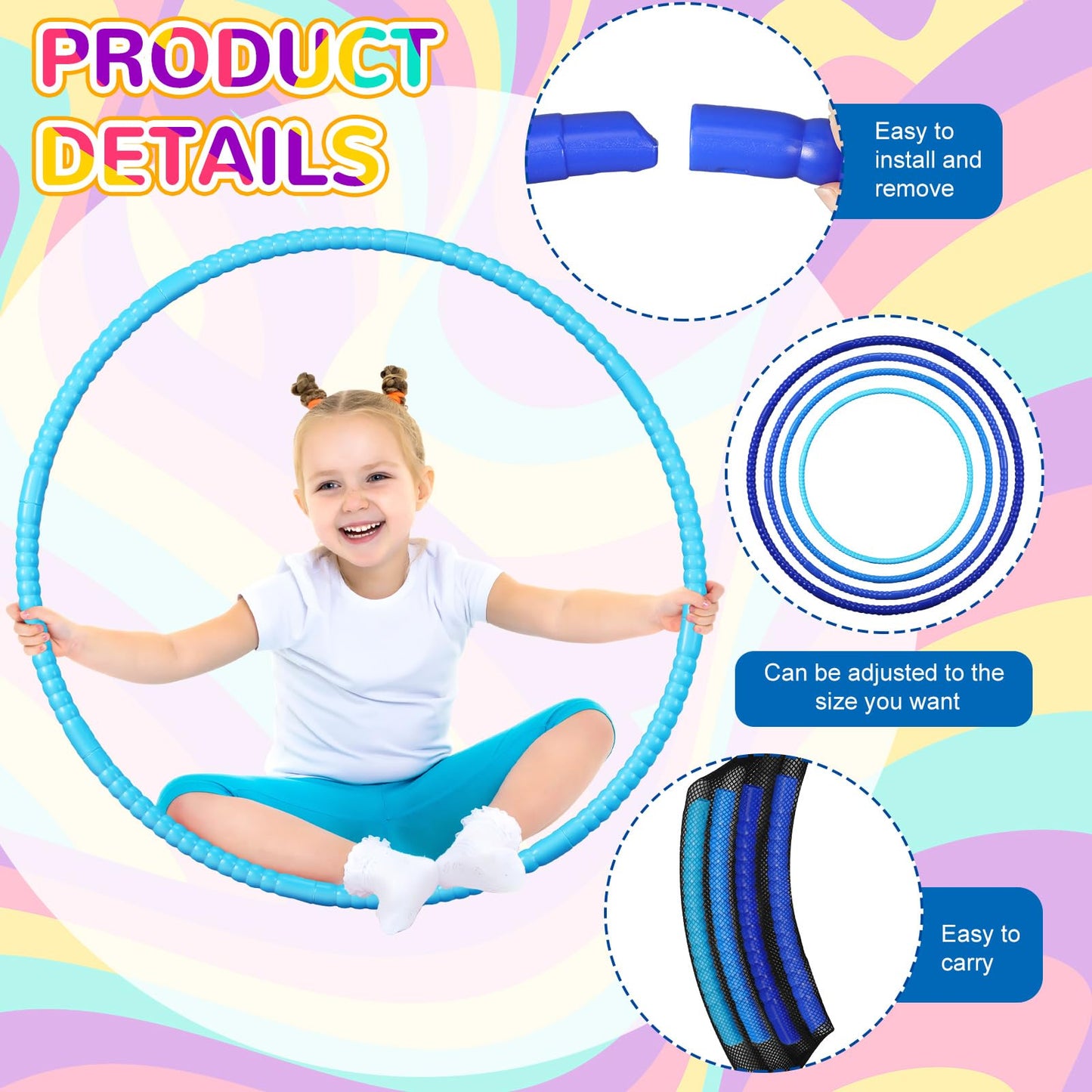 Sratte 12 Pcs Toy Hoop for Kids – Detachable, Adjustable 28-Inch Blue Series, Self-Assembly Gymnastics Ring