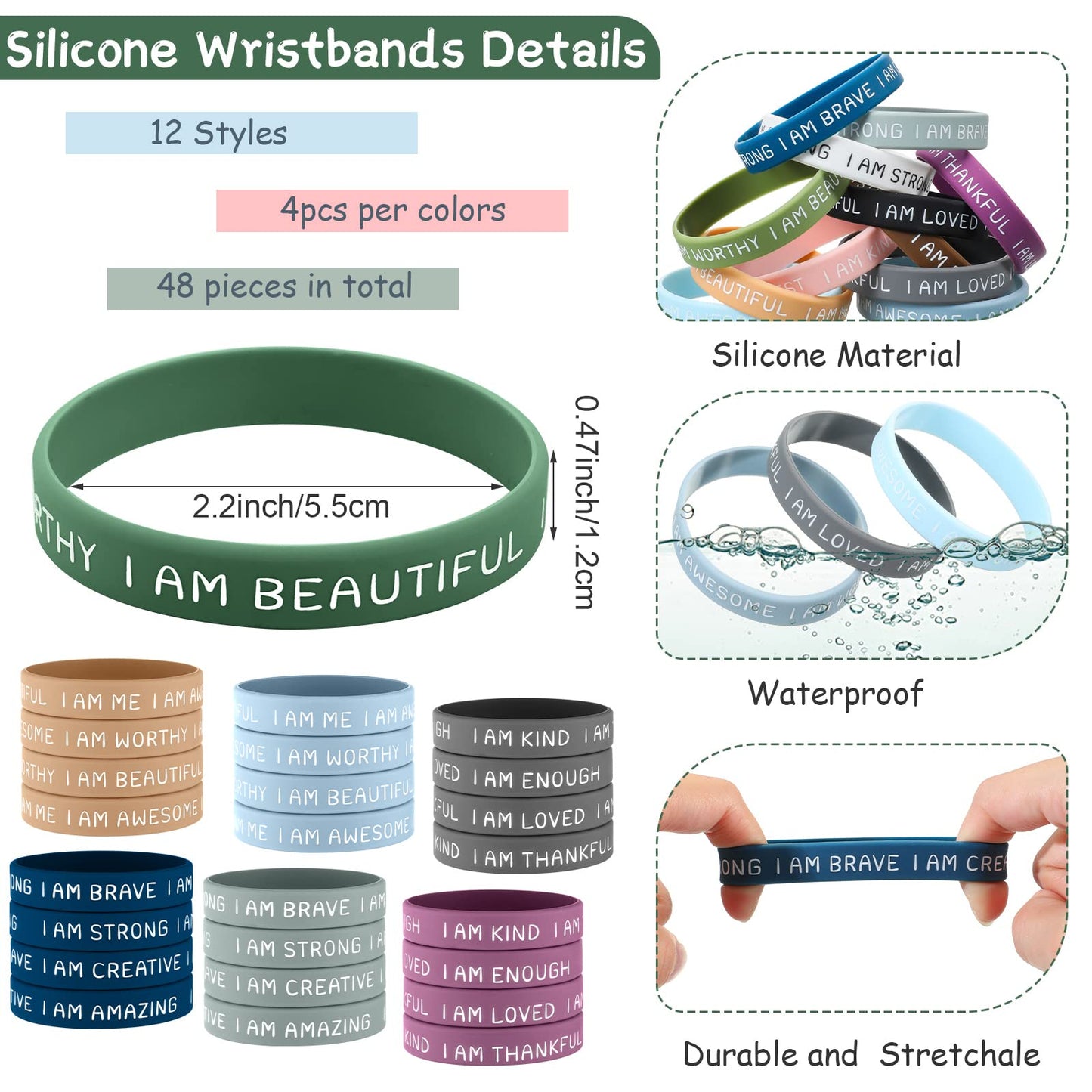 Sratte 48 Pcs Inspirational Silicone Wristbands – Motivational Kids & Students