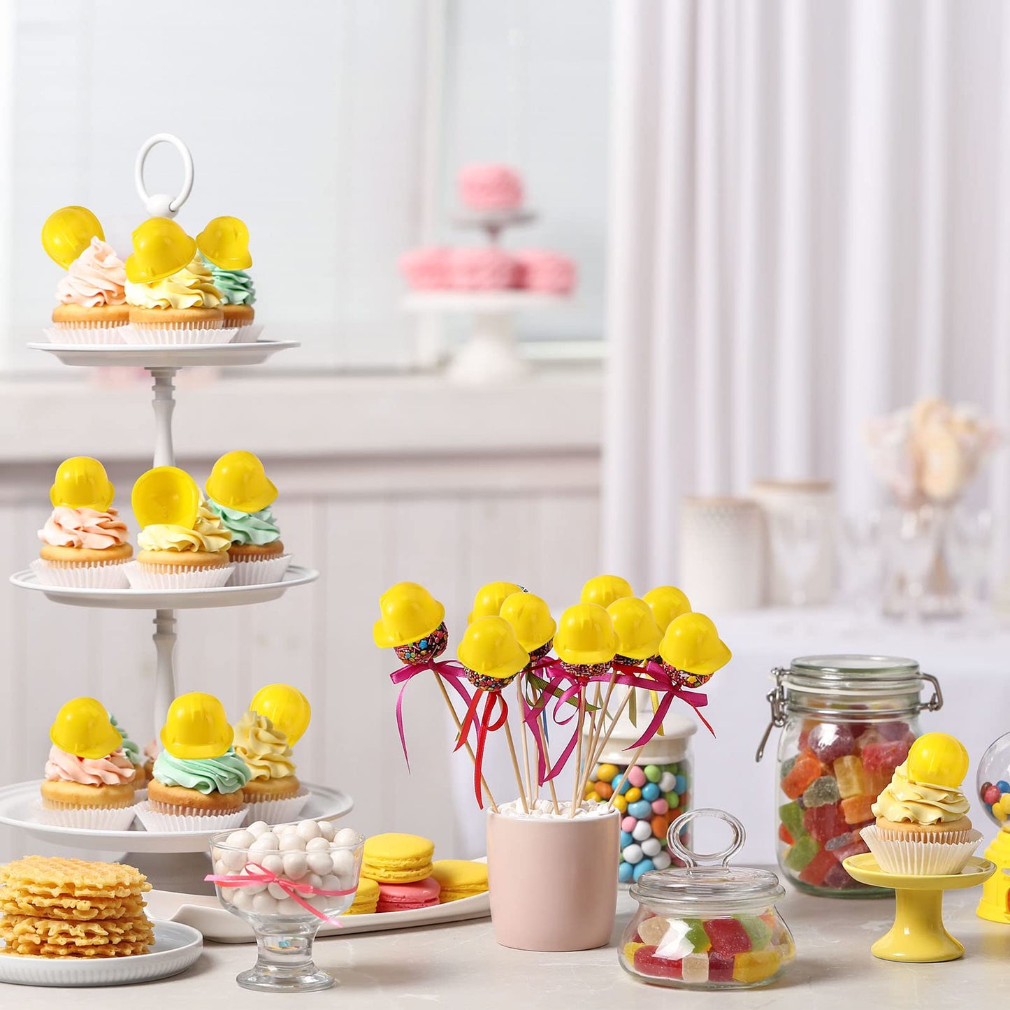 Sratte 50 Pcs Yellow Miniature Construction Hats – Bottle Topper & Party Decor