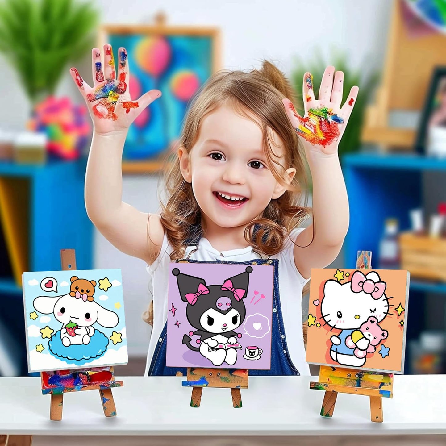 Sretoul 4 Pack Cartoon Paint by Numbers Kit for Kids with Frame – 8x8 in, Wooden Easel