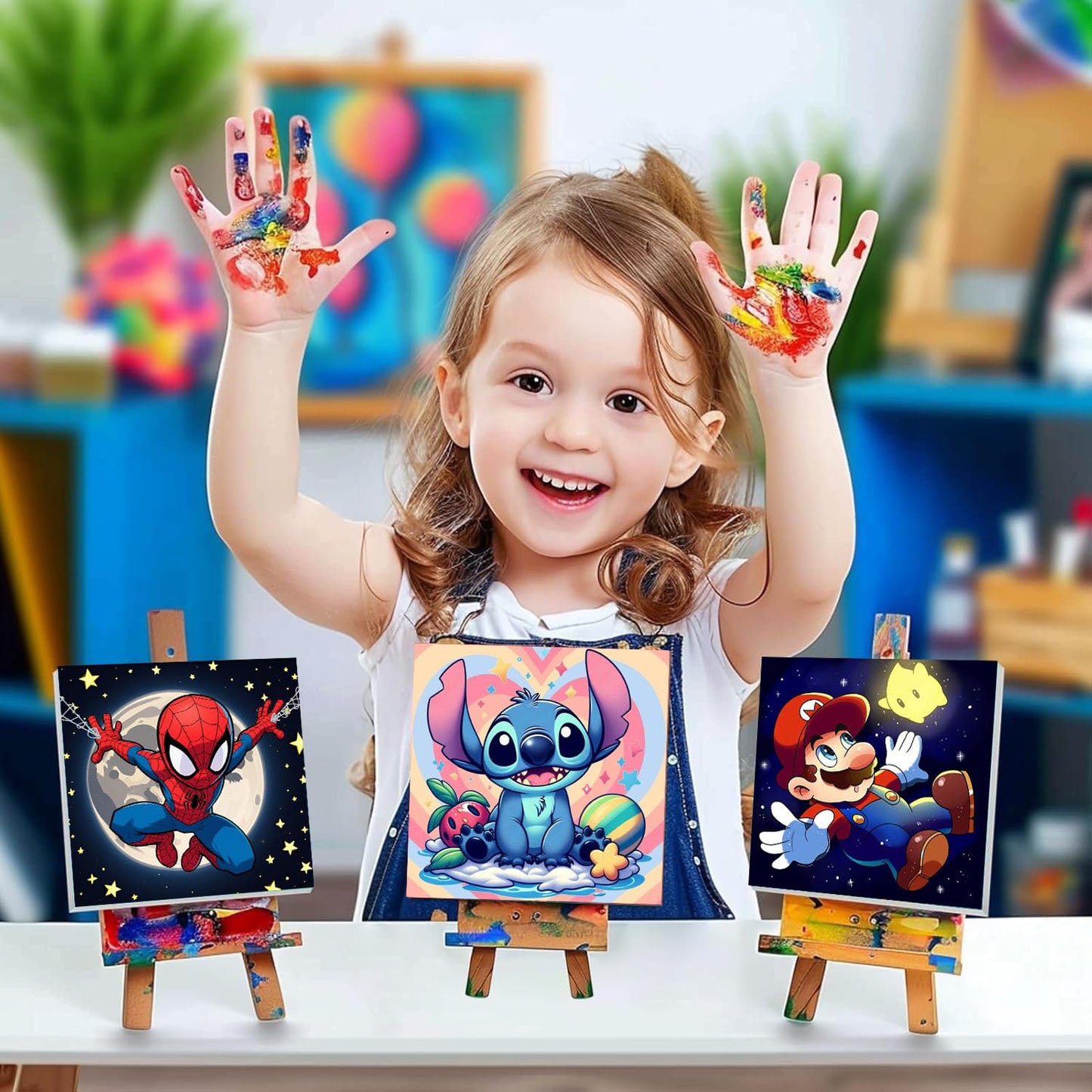 Sretoul 4 Pack Cartoon Paint by Numbers Kit for Kids with Frame & Wooden Easel – 8x8 Inch
