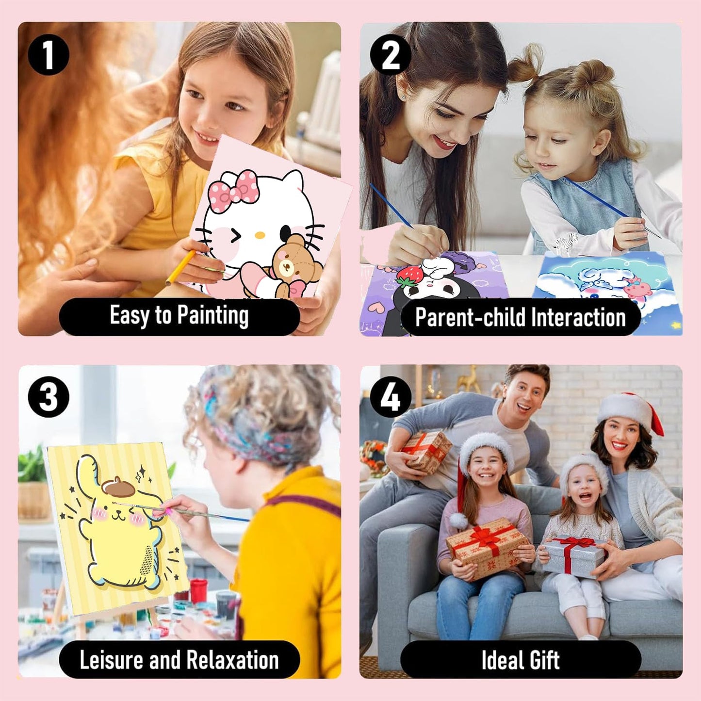 Sretoul 4-Pack Cartoon Paint by Numbers Kit for Kids with Frame & Wooden Easel (8x8 in)