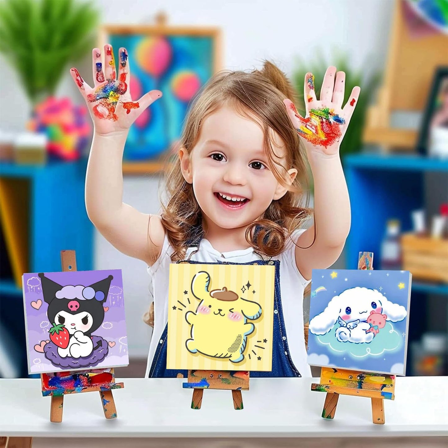 Sretoul 4-Pack Cartoon Paint by Numbers Kit for Kids with Frame & Wooden Easel (8x8 in)