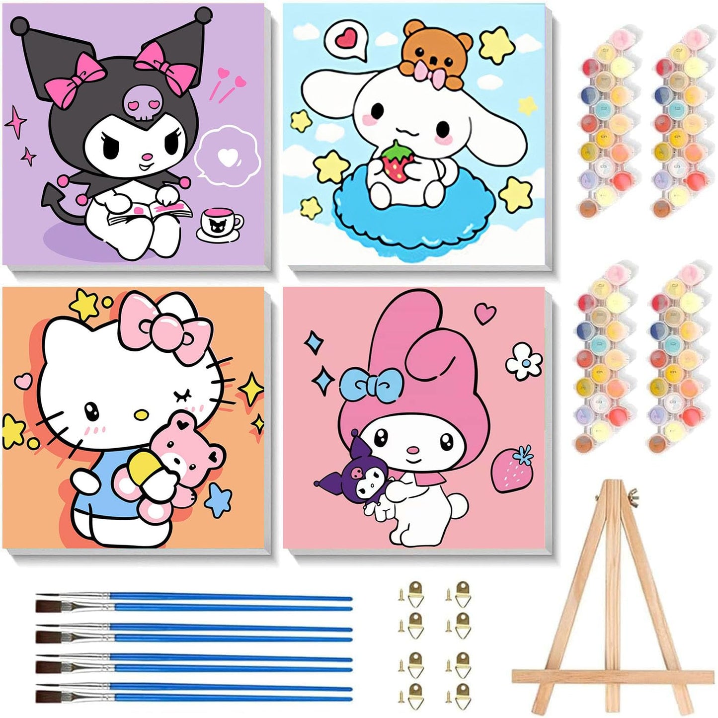 Sretoul 4 Pack Cartoon Paint by Numbers Kit for Kids with Frame – 8x8 in, Wooden Easel