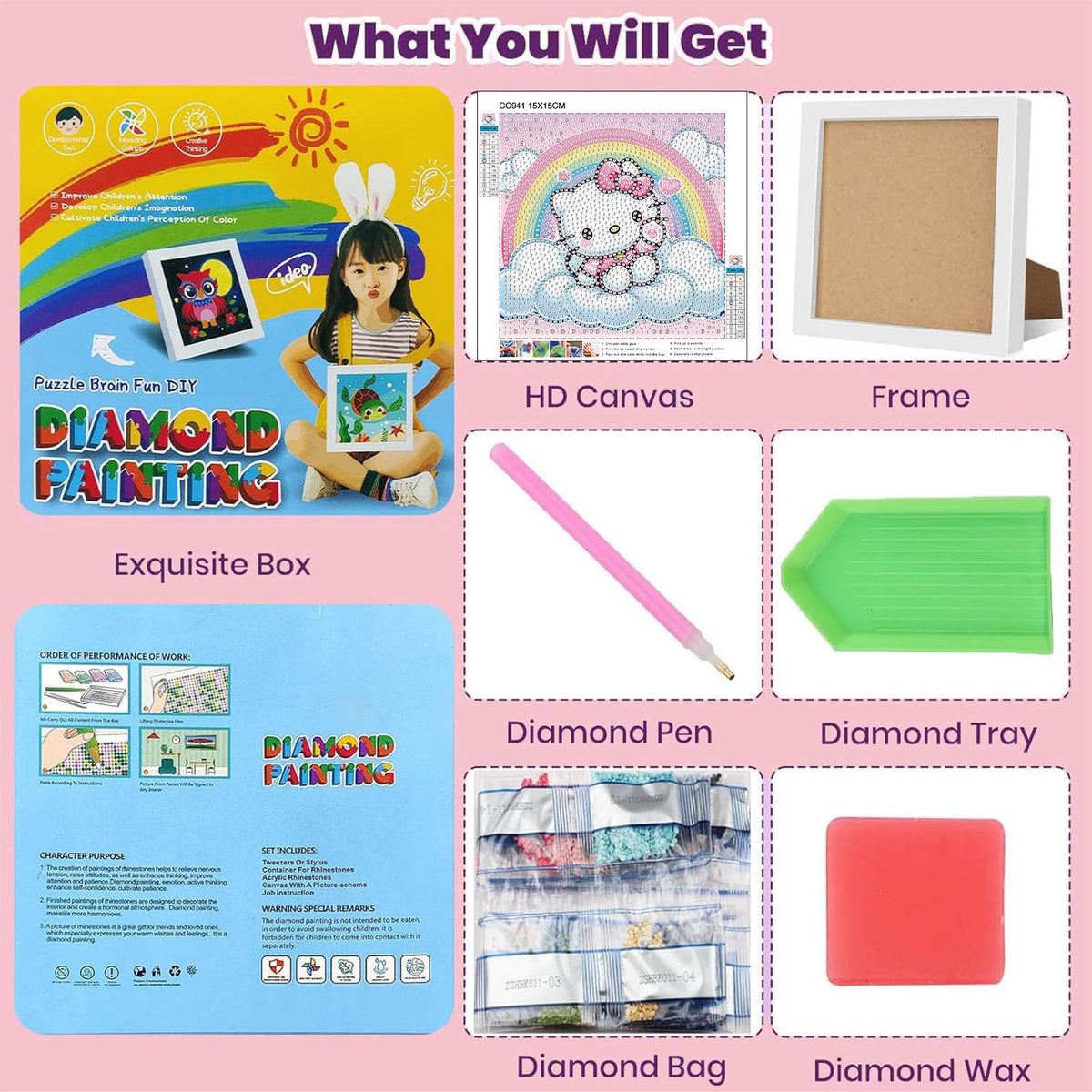 Sretoul Cartoon Diamond Art Kit for Kids with Frame – 7x7 Inch DIY Crystal Gem Painting