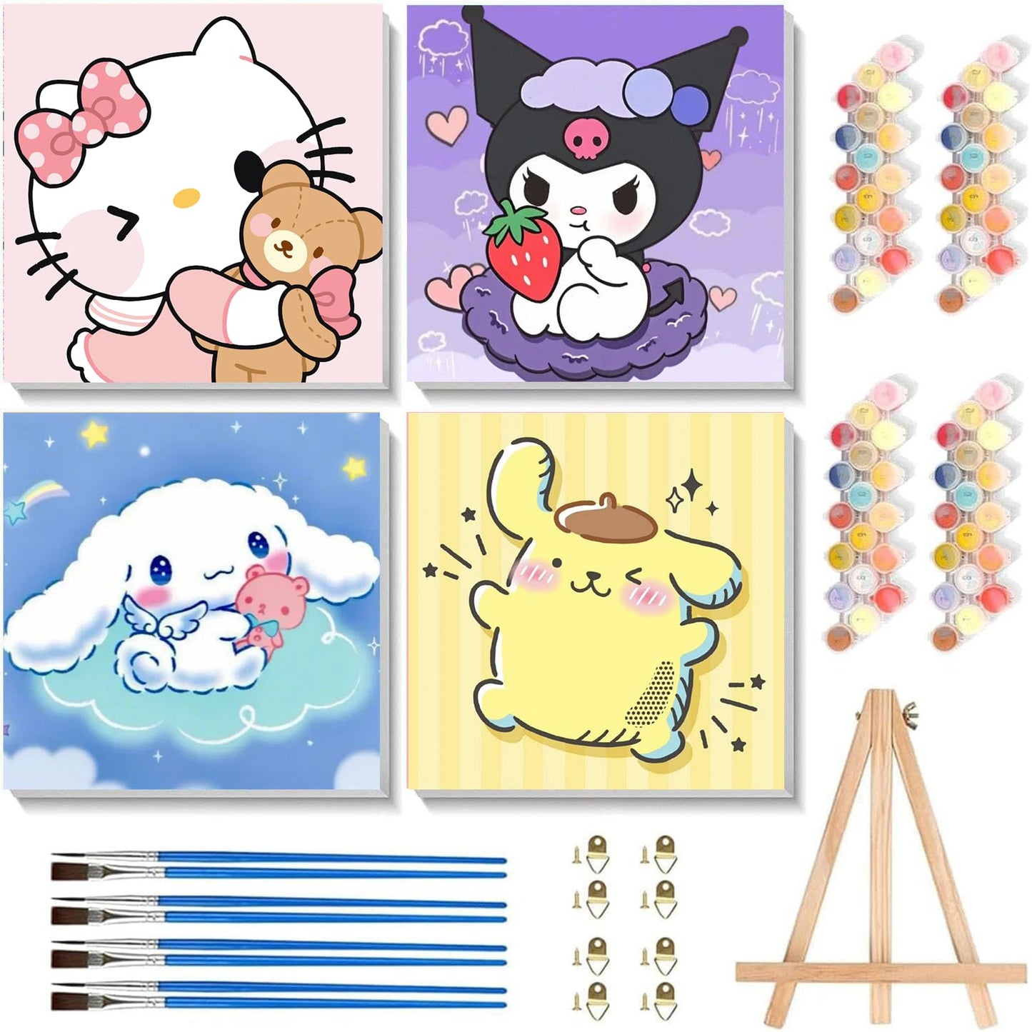 Sretoul 4-Pack Cartoon Paint by Numbers Kit for Kids with Frame & Wooden Easel (8x8 in)