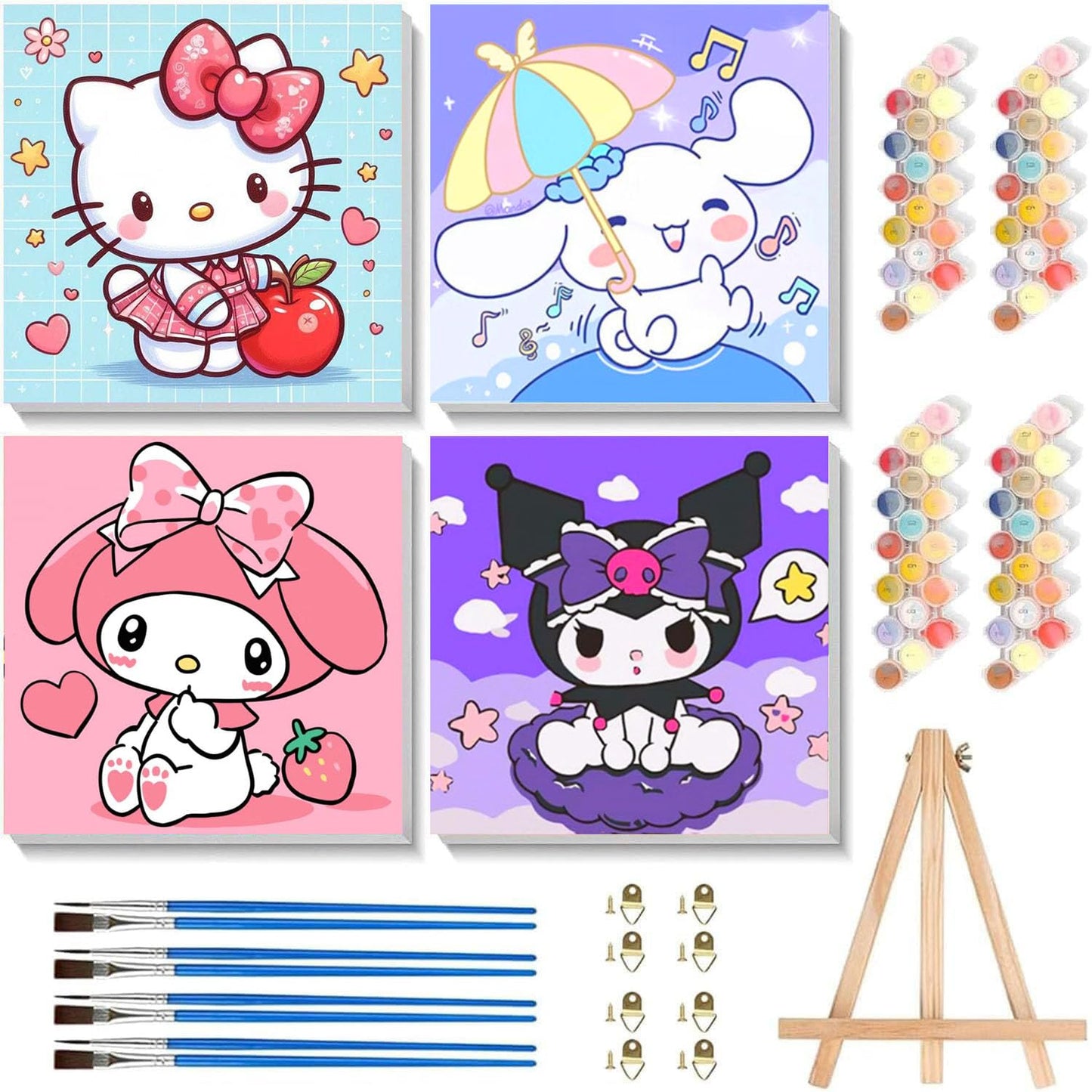 Sretoul 4 Pack Cartoon Paint by Numbers Kit for Kids with Frame, Wooden Easel & 8x8 Canvas