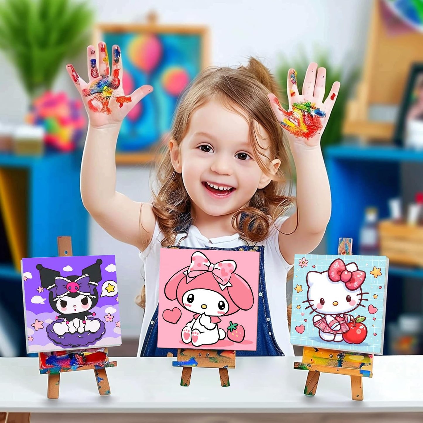 Sretoul 4 Pack Cartoon Paint by Numbers Kit for Kids with Frame, Wooden Easel & 8x8 Canvas
