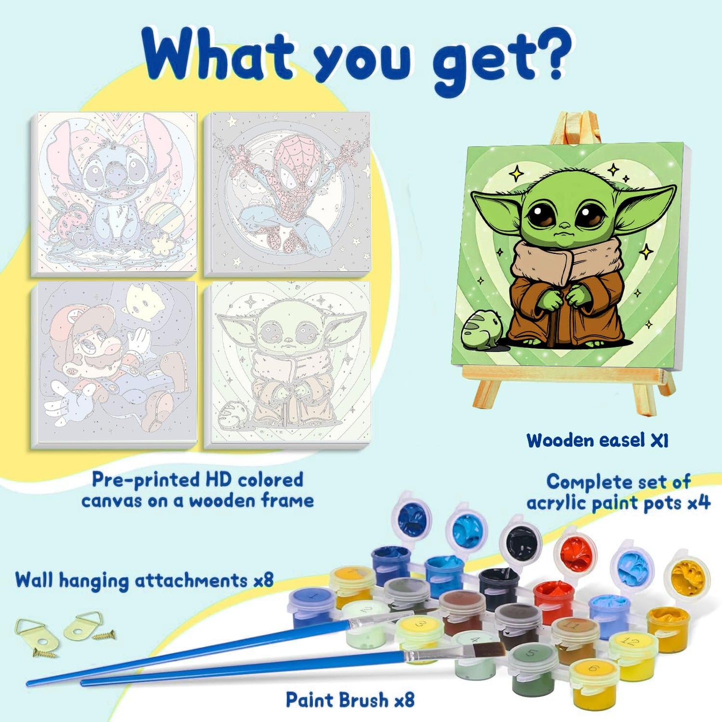 Sretoul 4 Pack Cartoon Paint by Numbers Kit for Kids with Frame & Wooden Easel – 8x8 Inch