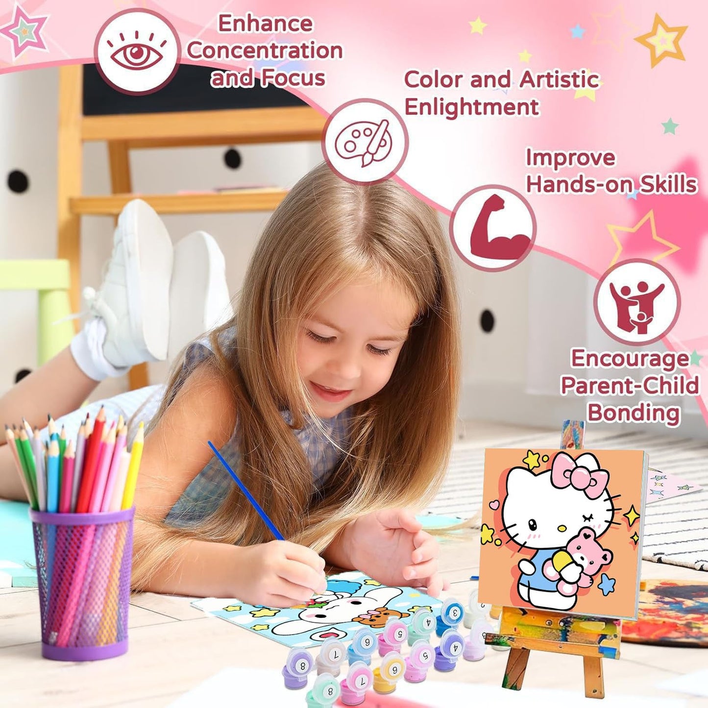 Sretoul 4 Pack Cartoon Paint by Numbers Kit for Kids with Frame – 8x8 in, Wooden Easel