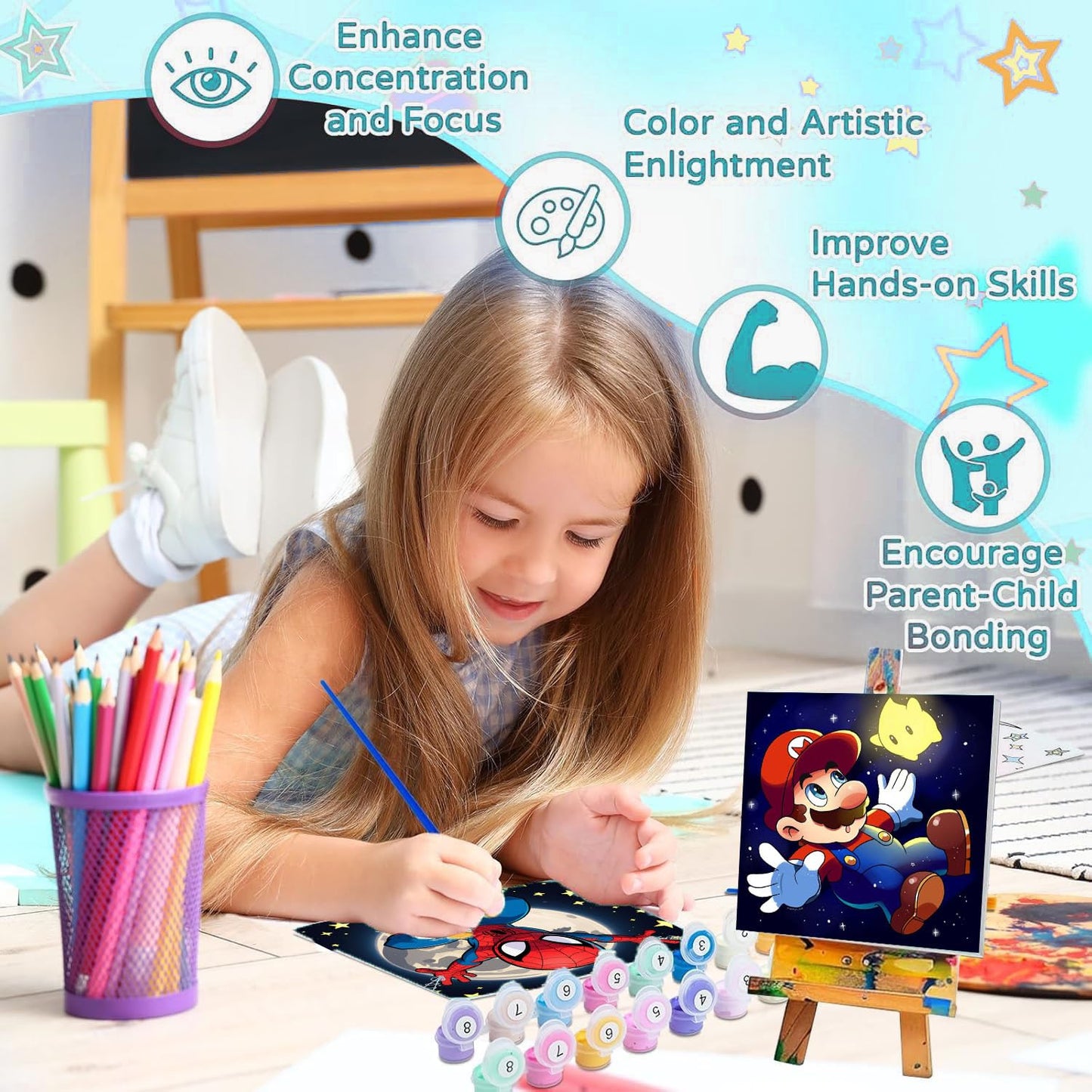 Sretoul 4 Pack Cartoon Paint by Numbers Kit for Kids with Frame & Wooden Easel – 8x8 Inch