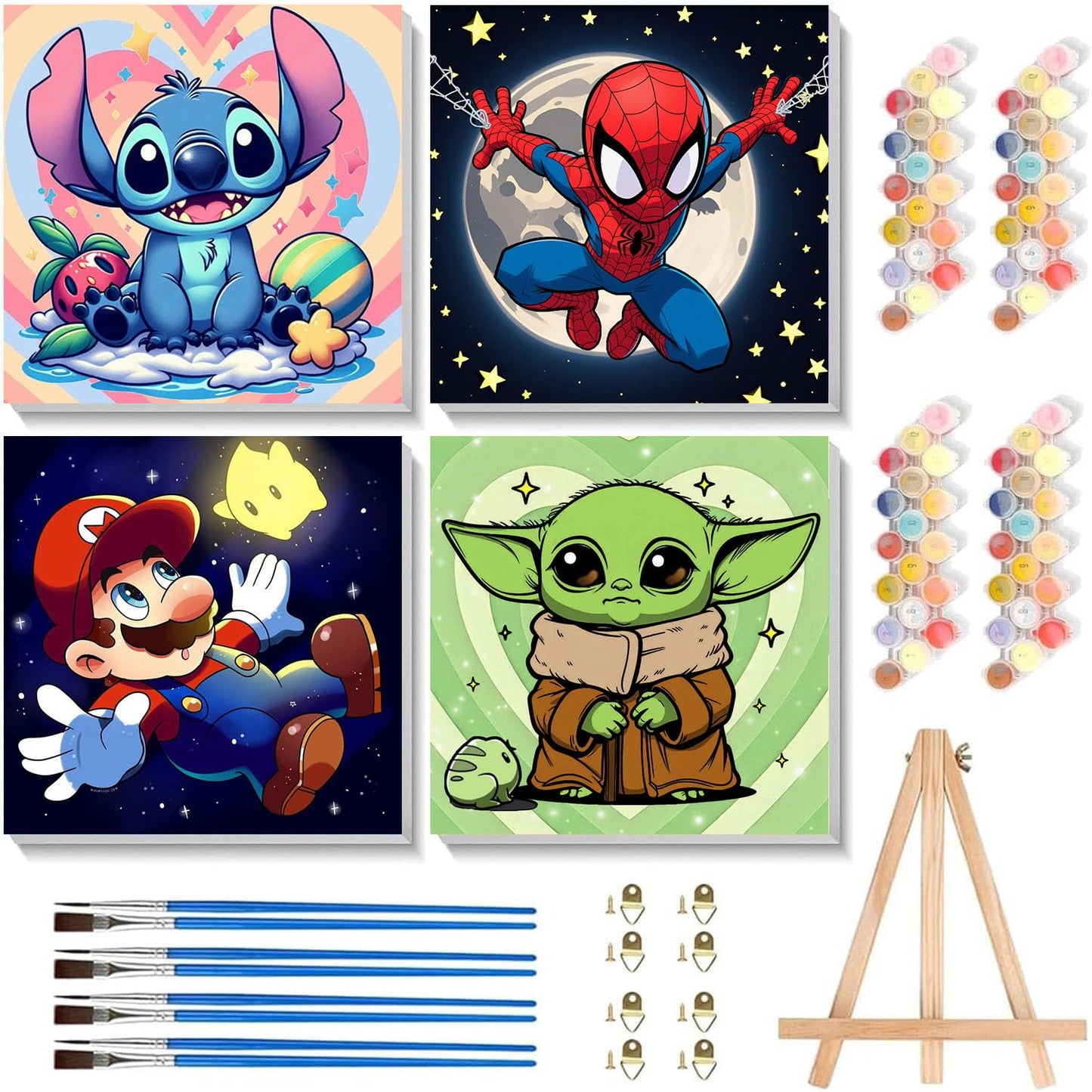 Sretoul 4 Pack Cartoon Paint by Numbers Kit for Kids with Frame & Wooden Easel – 8x8 Inch