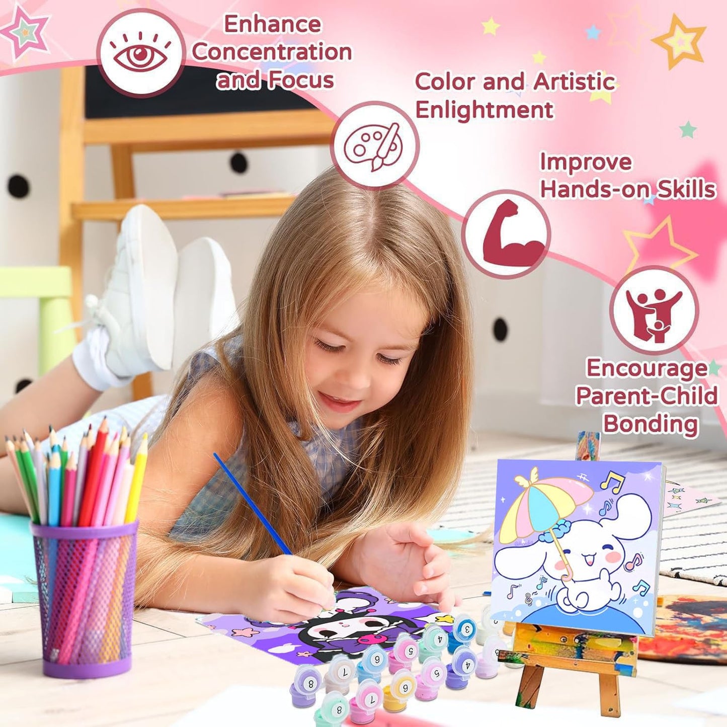 Sretoul 4 Pack Cartoon Paint by Numbers Kit for Kids with Frame, Wooden Easel & 8x8 Canvas
