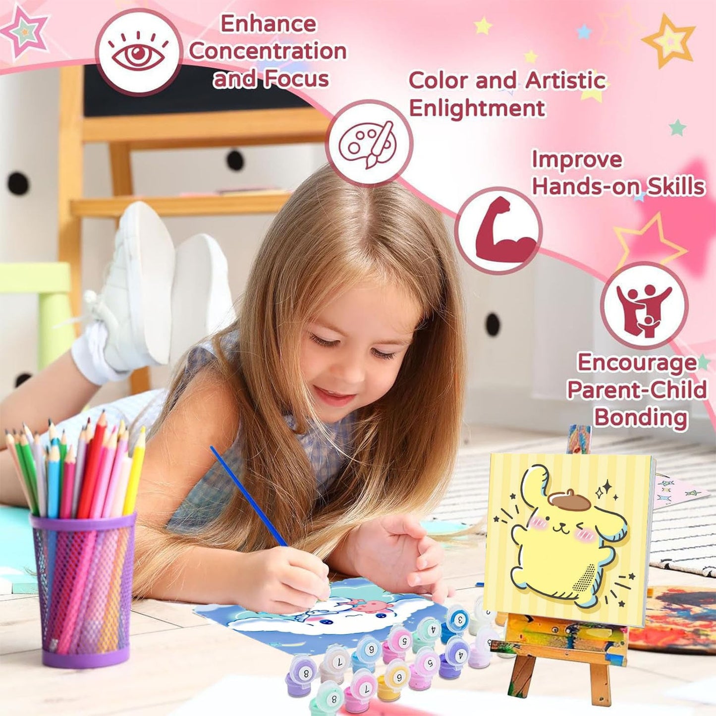 Sretoul 4-Pack Cartoon Paint by Numbers Kit for Kids with Frame & Wooden Easel (8x8 in)