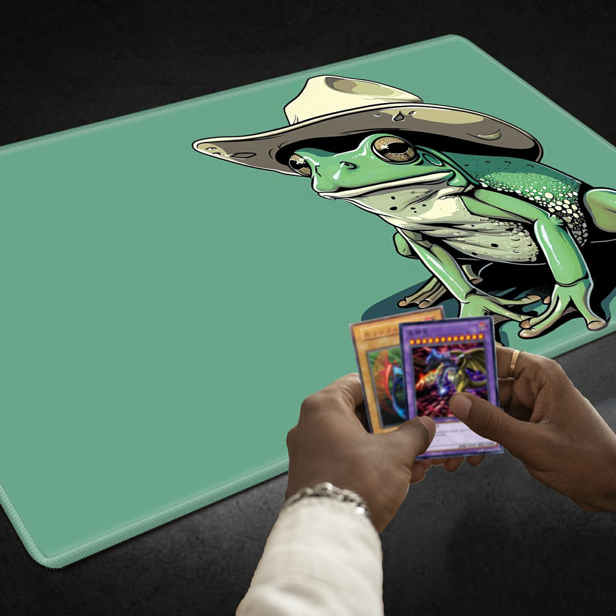 SROJDHFJB TCG Playmat & 50 Card Sleeves — 24x14 Non-Slip Green Frog