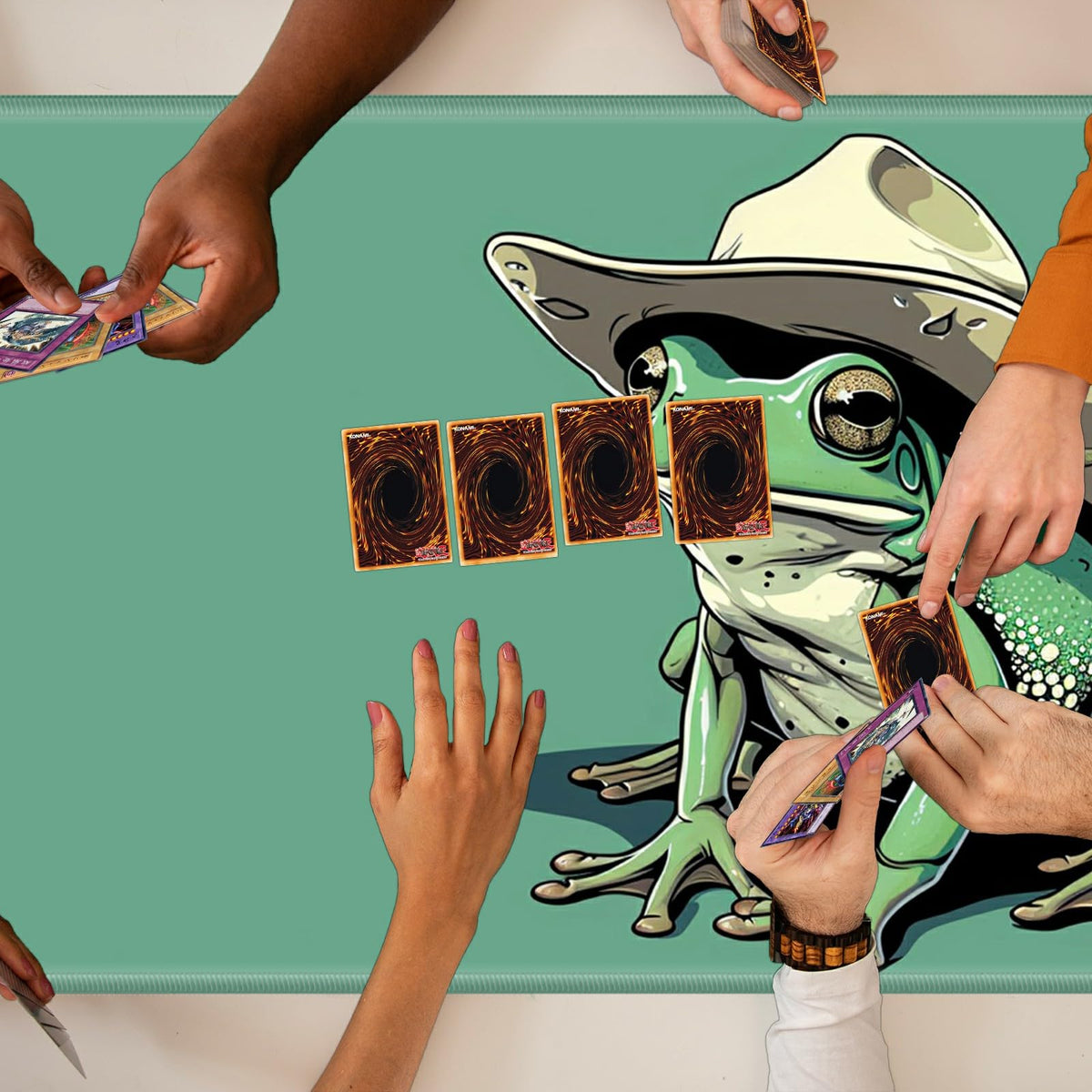 SROJDHFJB TCG Playmat & 50 Card Sleeves — 24x14 Non-Slip Green Frog