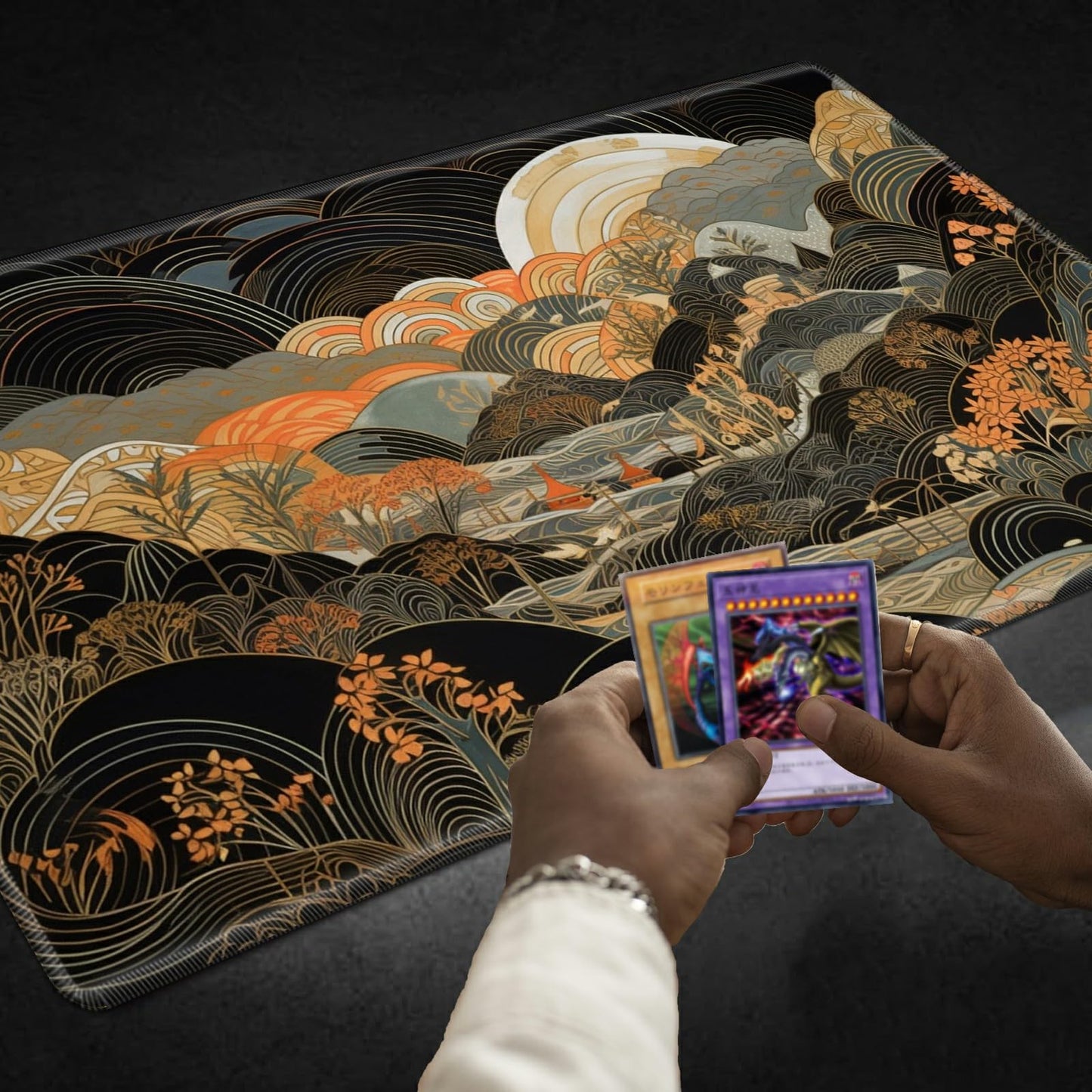 SROJDHFJB TCG Playmat Set with 50 Card Sleeves — 24x14 in, Non-Slip Surface, Soft Feel, Japanese Abstract Art