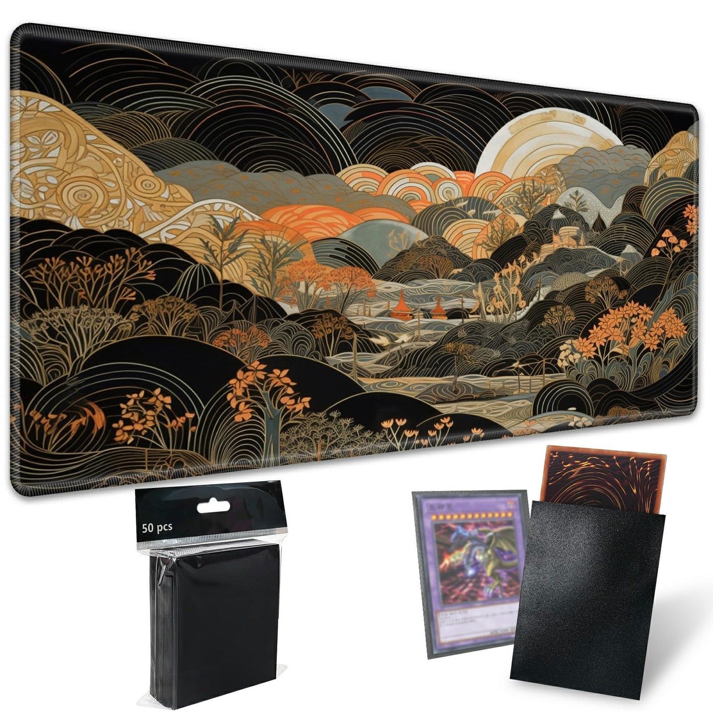 SROJDHFJB TCG Playmat Set with 50 Card Sleeves — 24x14 in, Non-Slip Surface, Soft Feel, Japanese Abstract Art