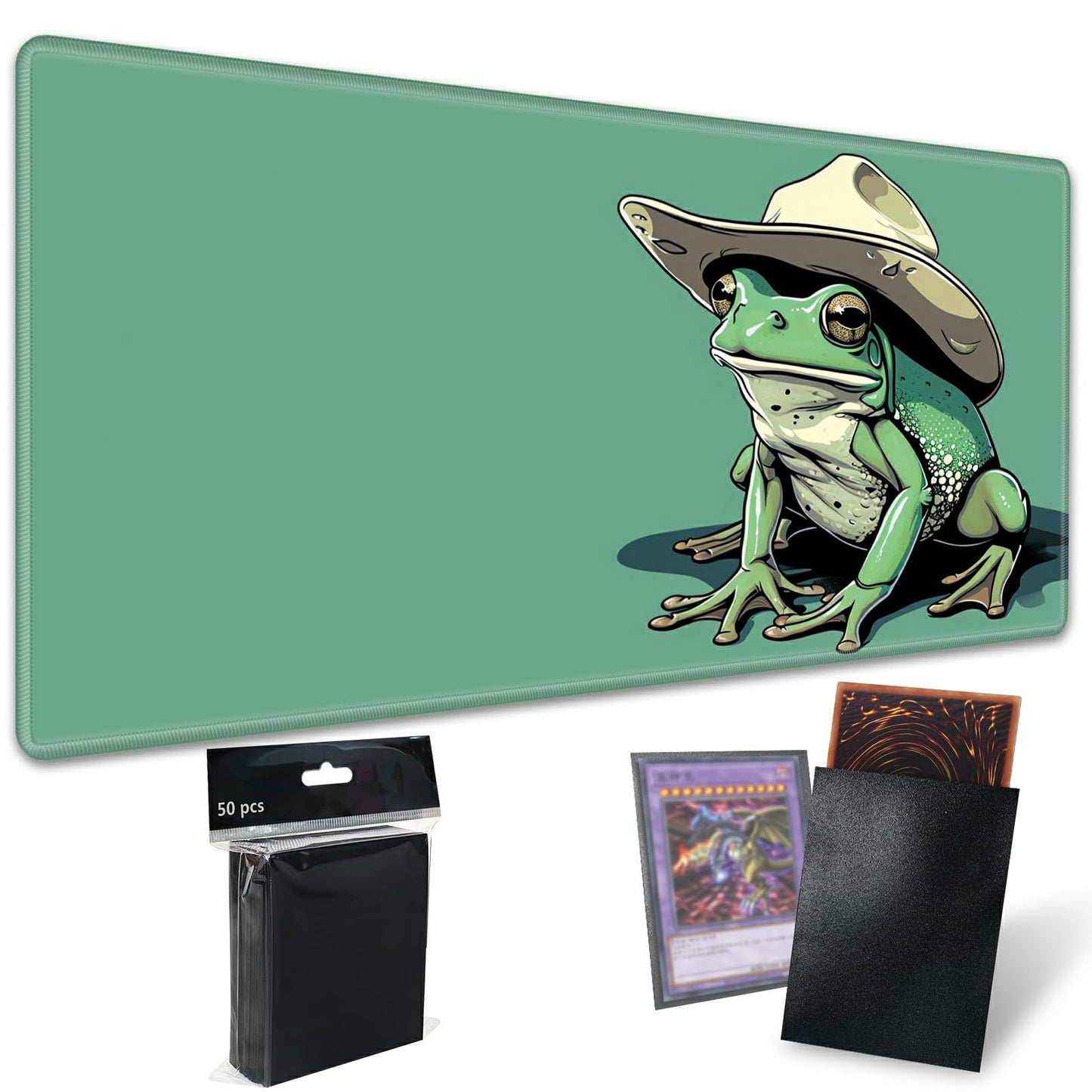SROJDHFJB TCG Playmat & 50 Card Sleeves — 24x14 Non-Slip Green Frog