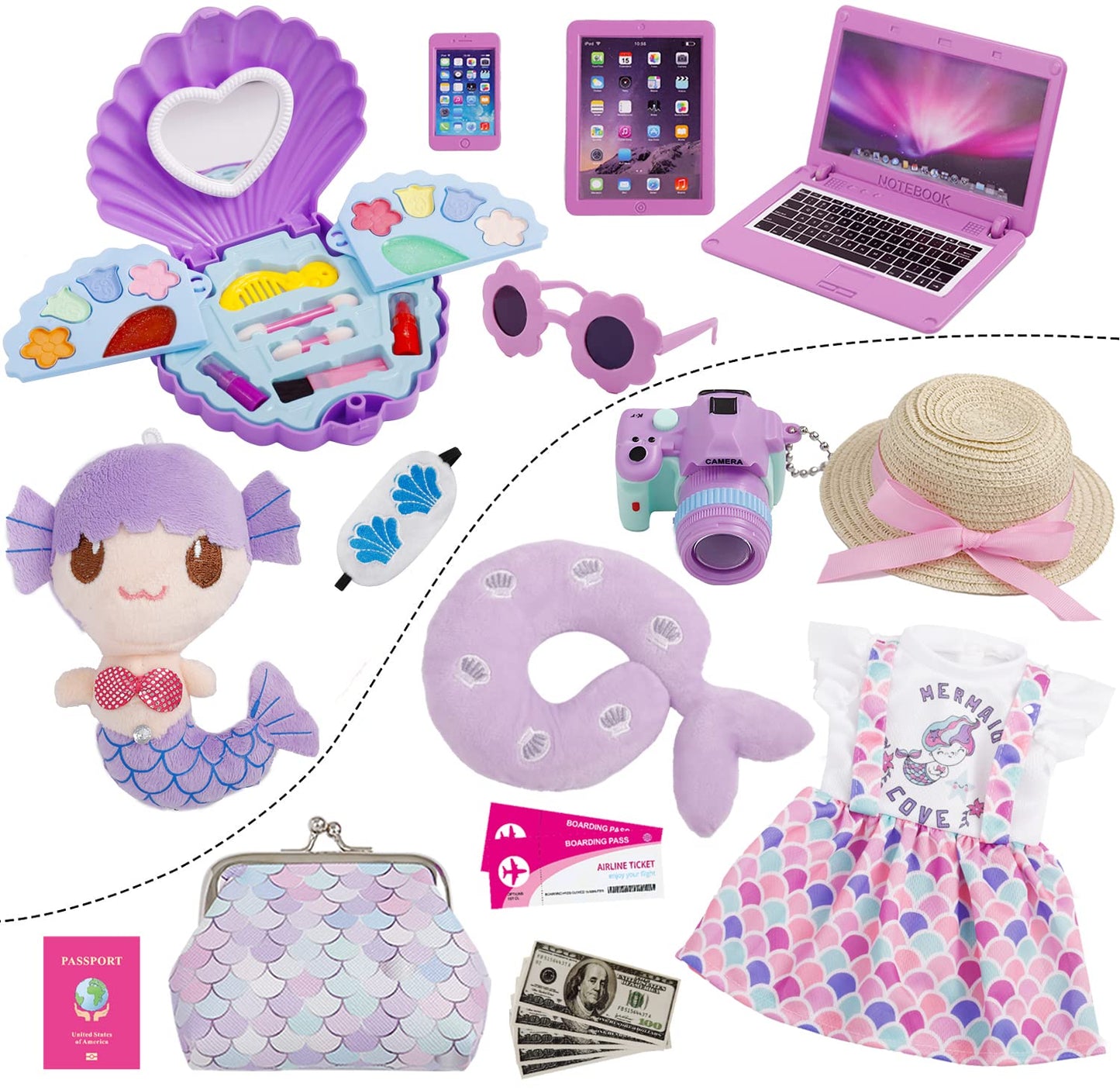 Srua Don 18 Inch Mermaid Doll Travel Case & 21-Piece Accessory Set — Portable Luggage for 18-Inch Dolls